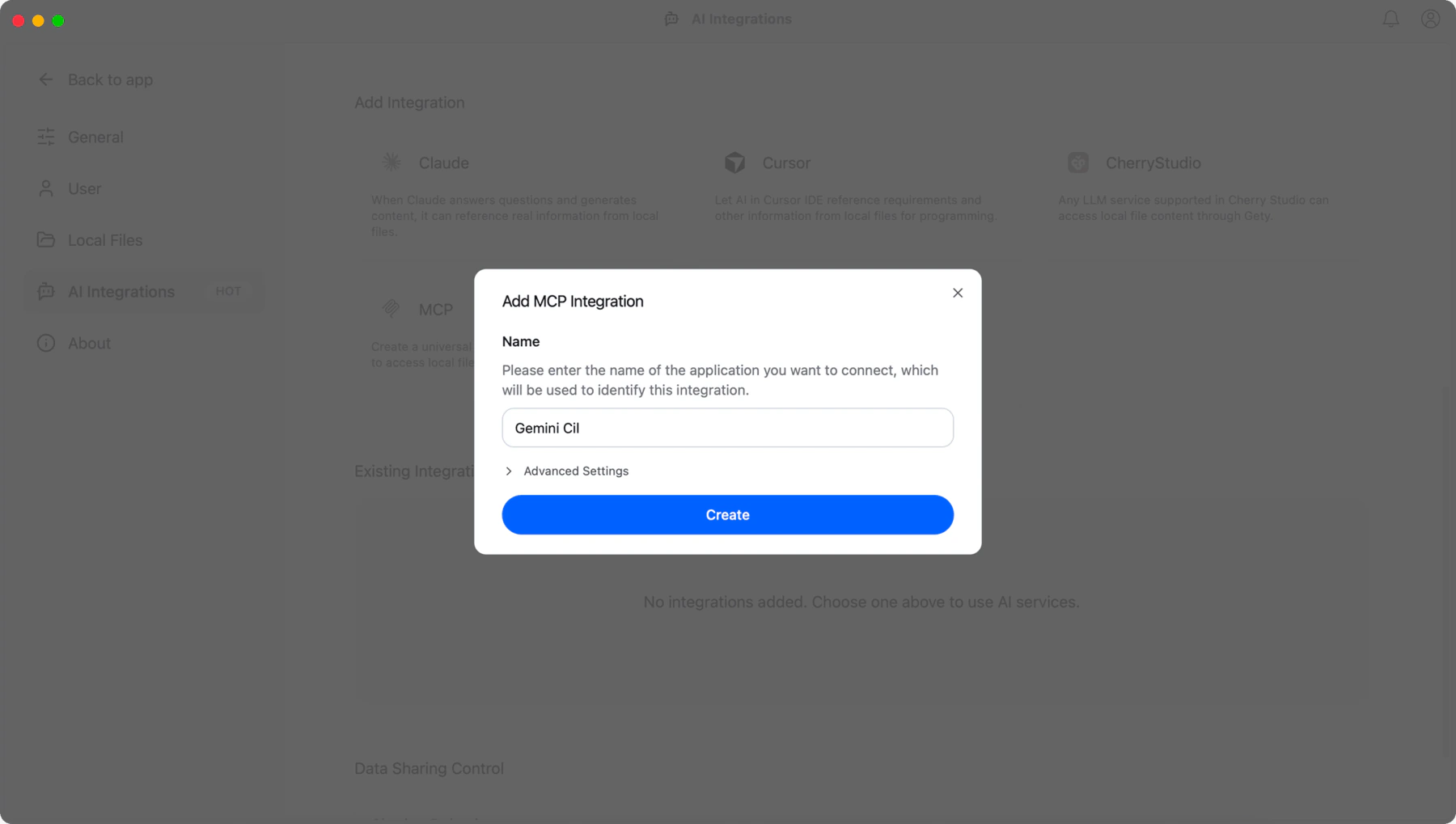 Add MCP Integration dialog in Gety with a tool name entered