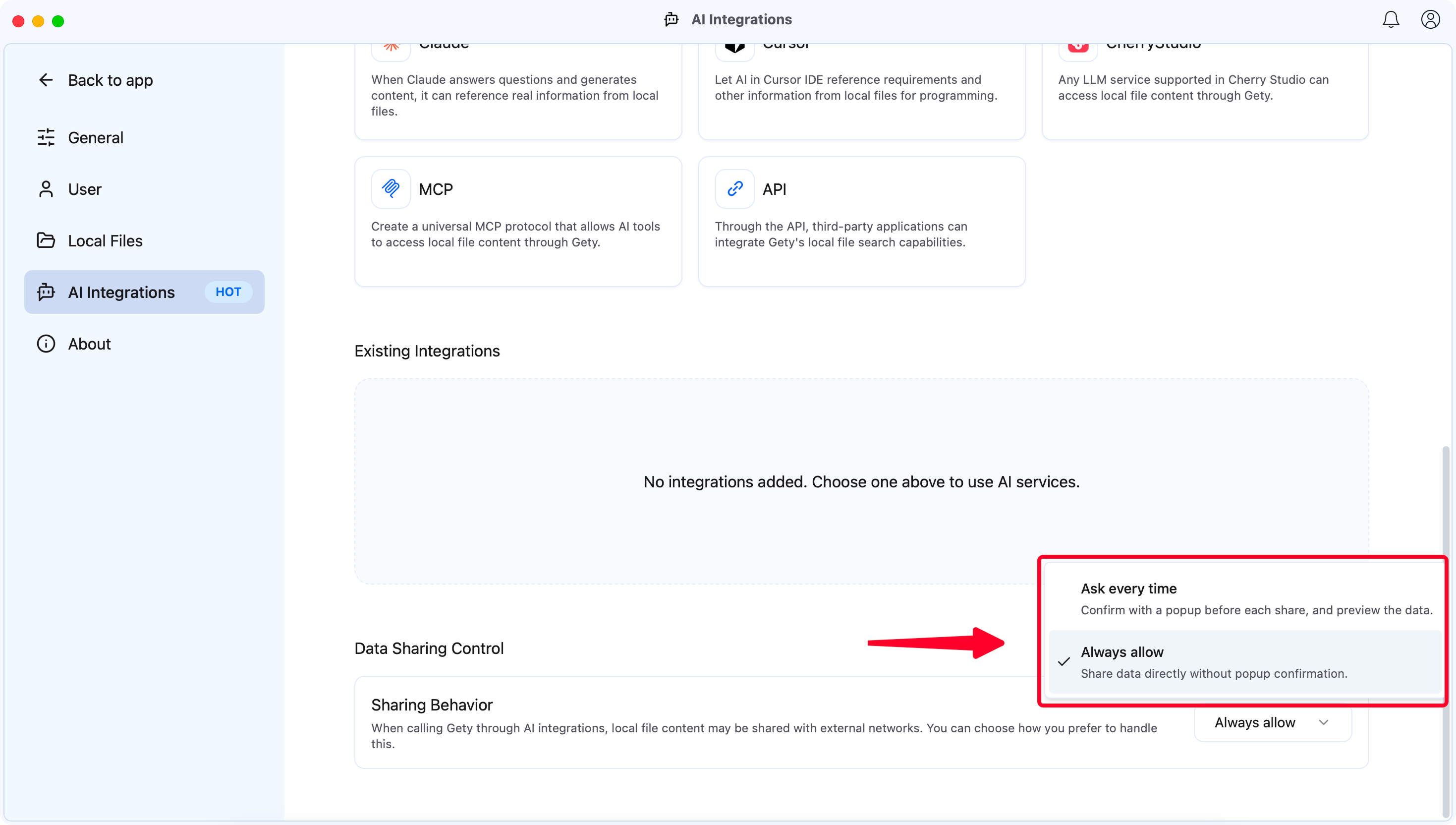 Data Sharing Control settings in Gety showing Ask every time and Always allow options