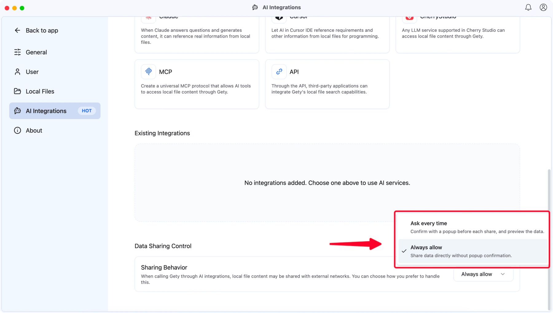 Data Sharing Control settings in Gety showing Ask every time and Always allow options