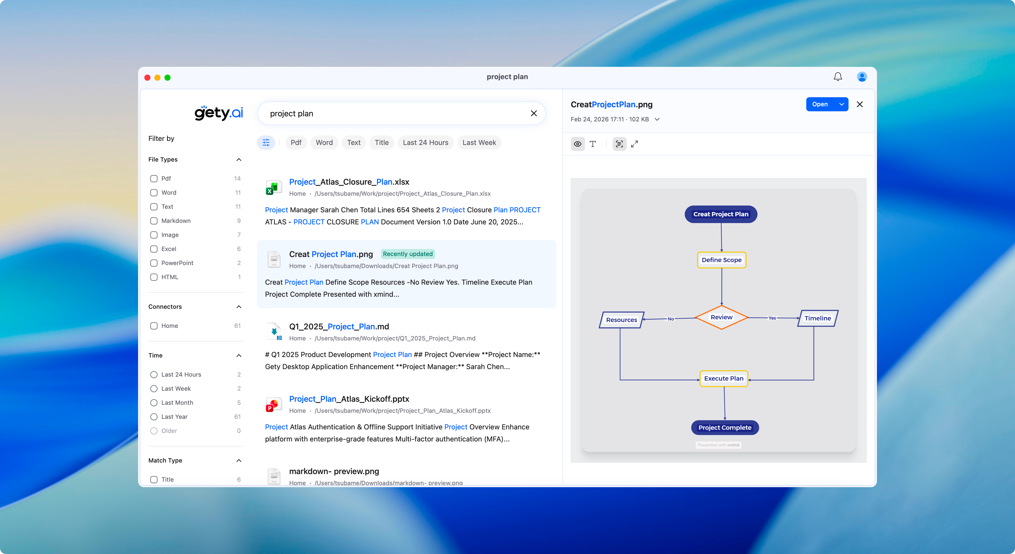 Gety search interface showing results and preview for a project plan query