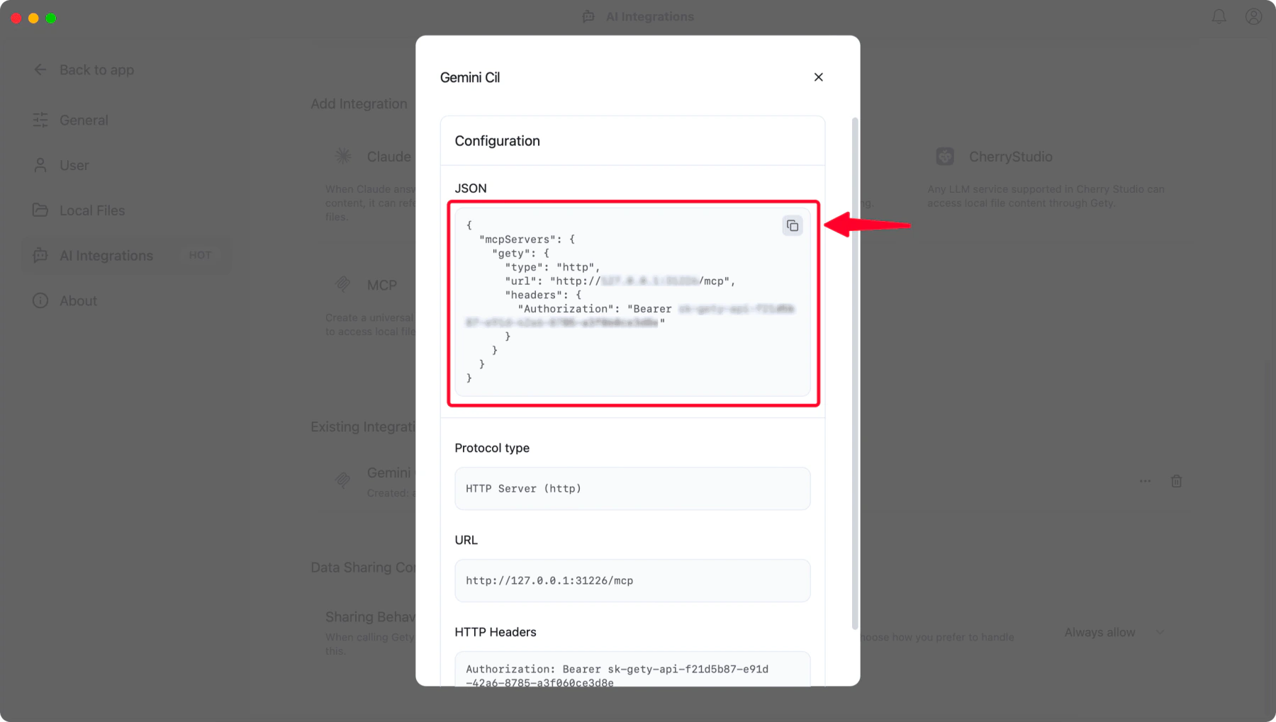 View Config dialog showing JSON config with a copy button