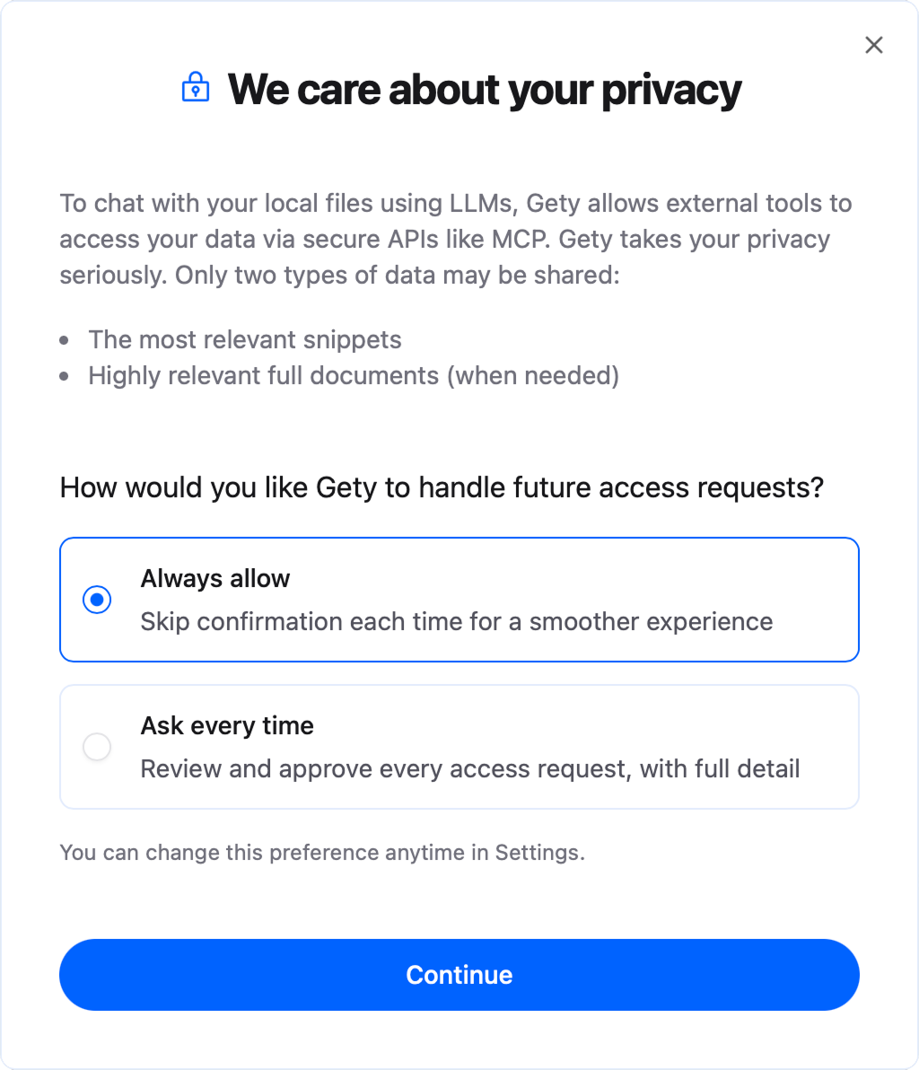 Gety privacy dialog showing Always allow and Ask every time options