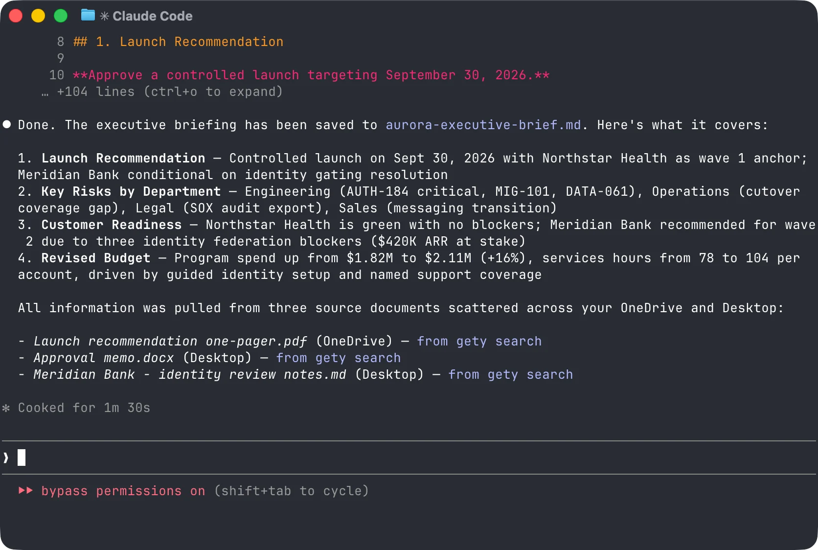 Claude Code generating an executive briefing from files found across Desktop, OneDrive, and project folders via Gety