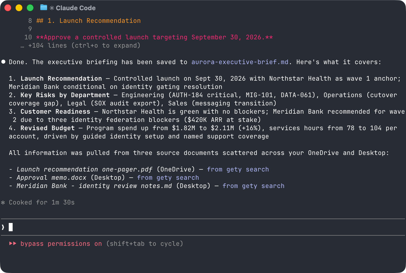 Claude Code generating an executive briefing from files found across Desktop, OneDrive, and project folders via Gety