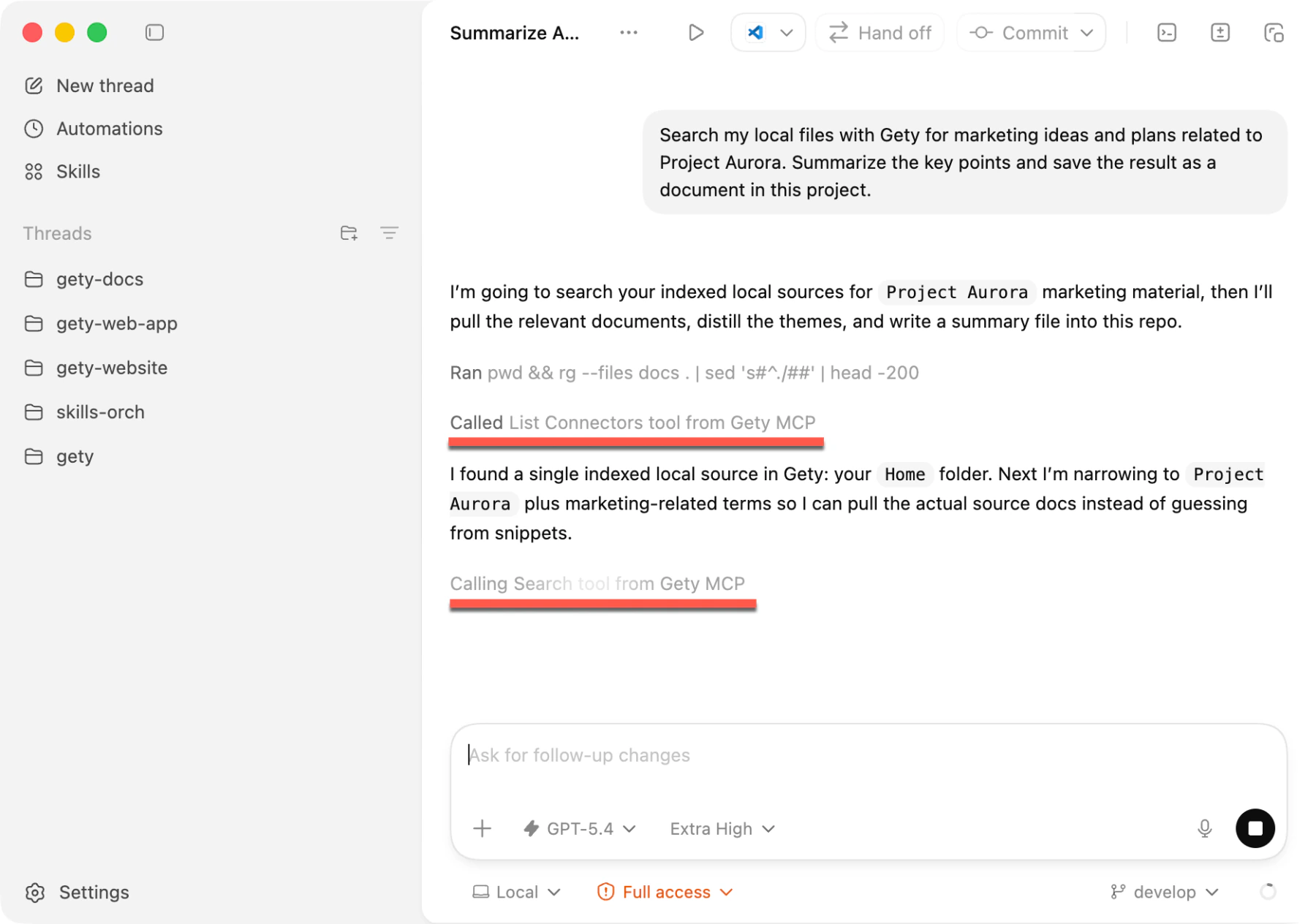 Codex running a task that calls Gety MCP to search local files and summarize the results