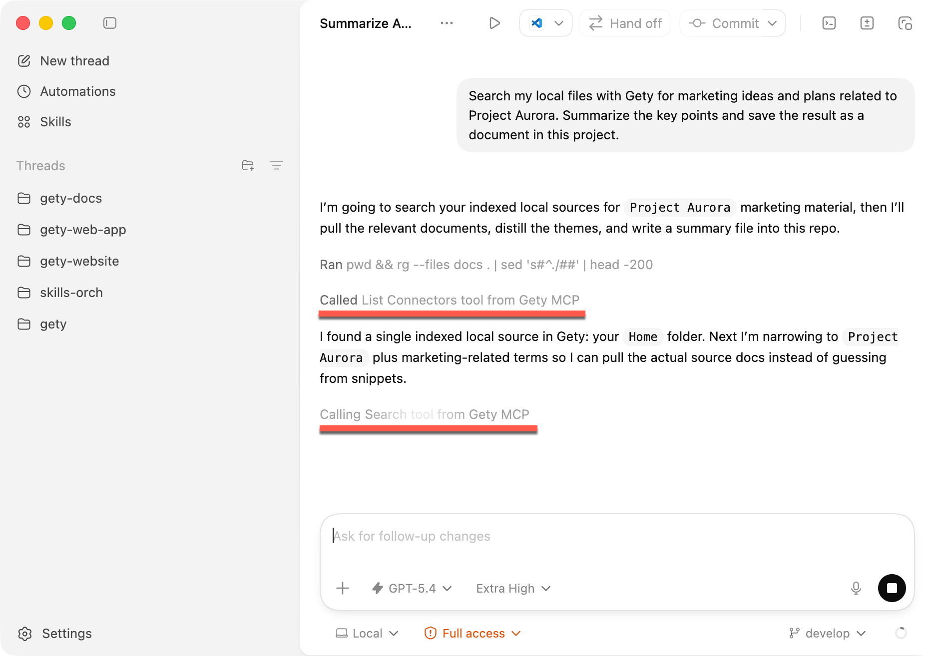 Codex running a task that calls Gety MCP to search local files and summarize the results