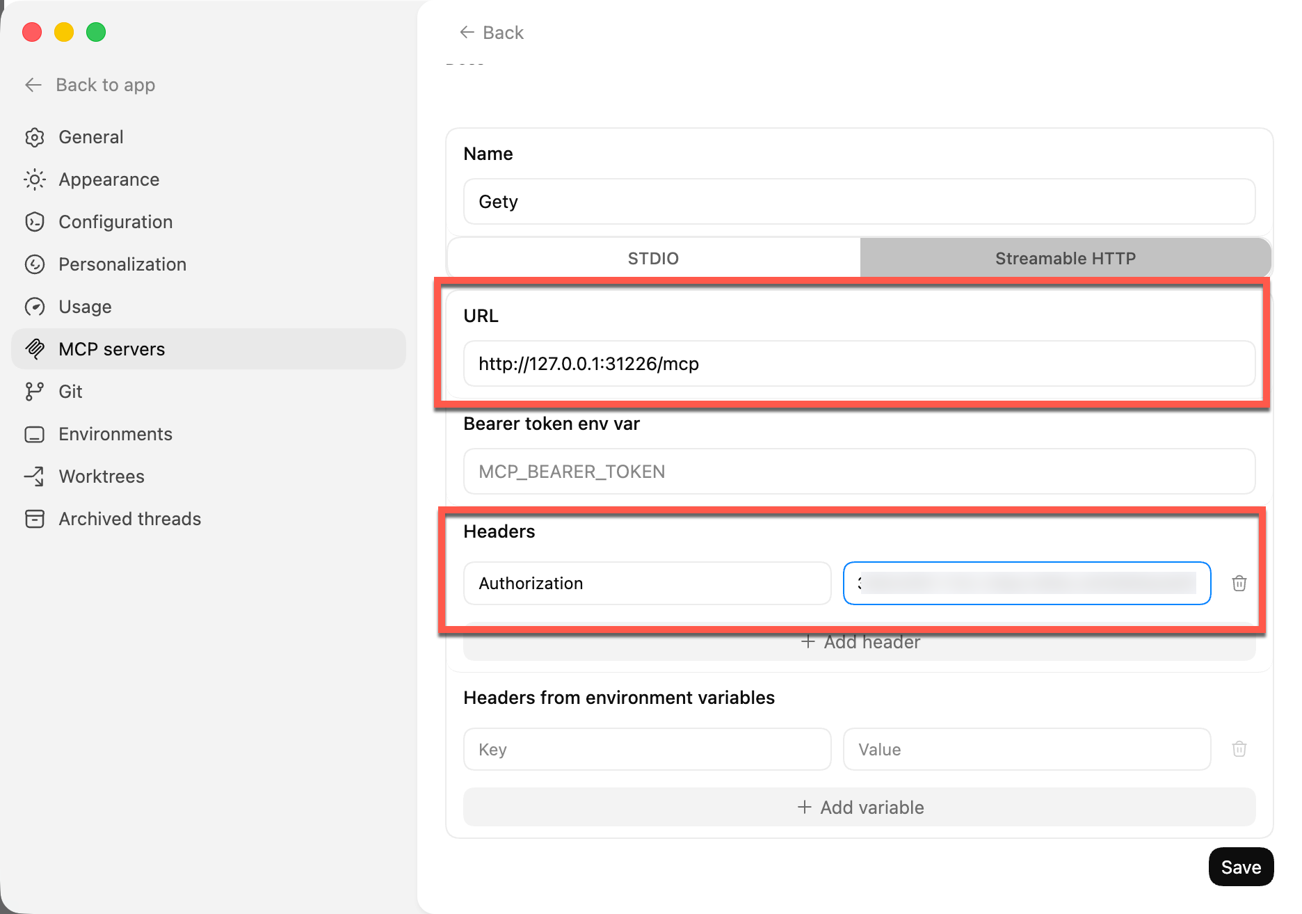 Codex MCP server settings with the Streamable HTTP tab selected, showing the URL and Authorization header fields highlighted