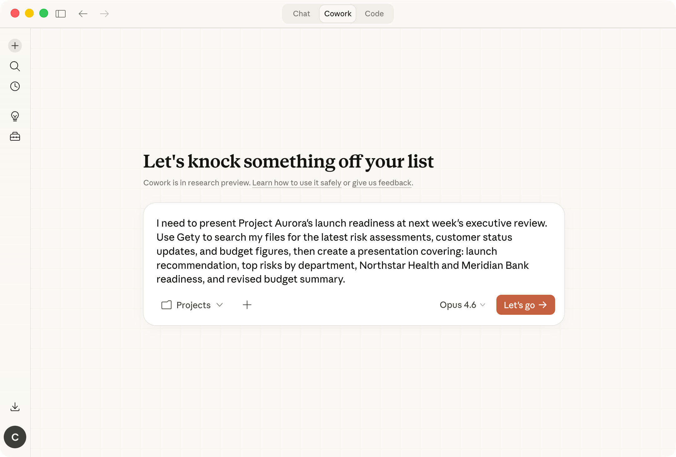 Claude Cowork task input showing the prompt in the Cowork tab