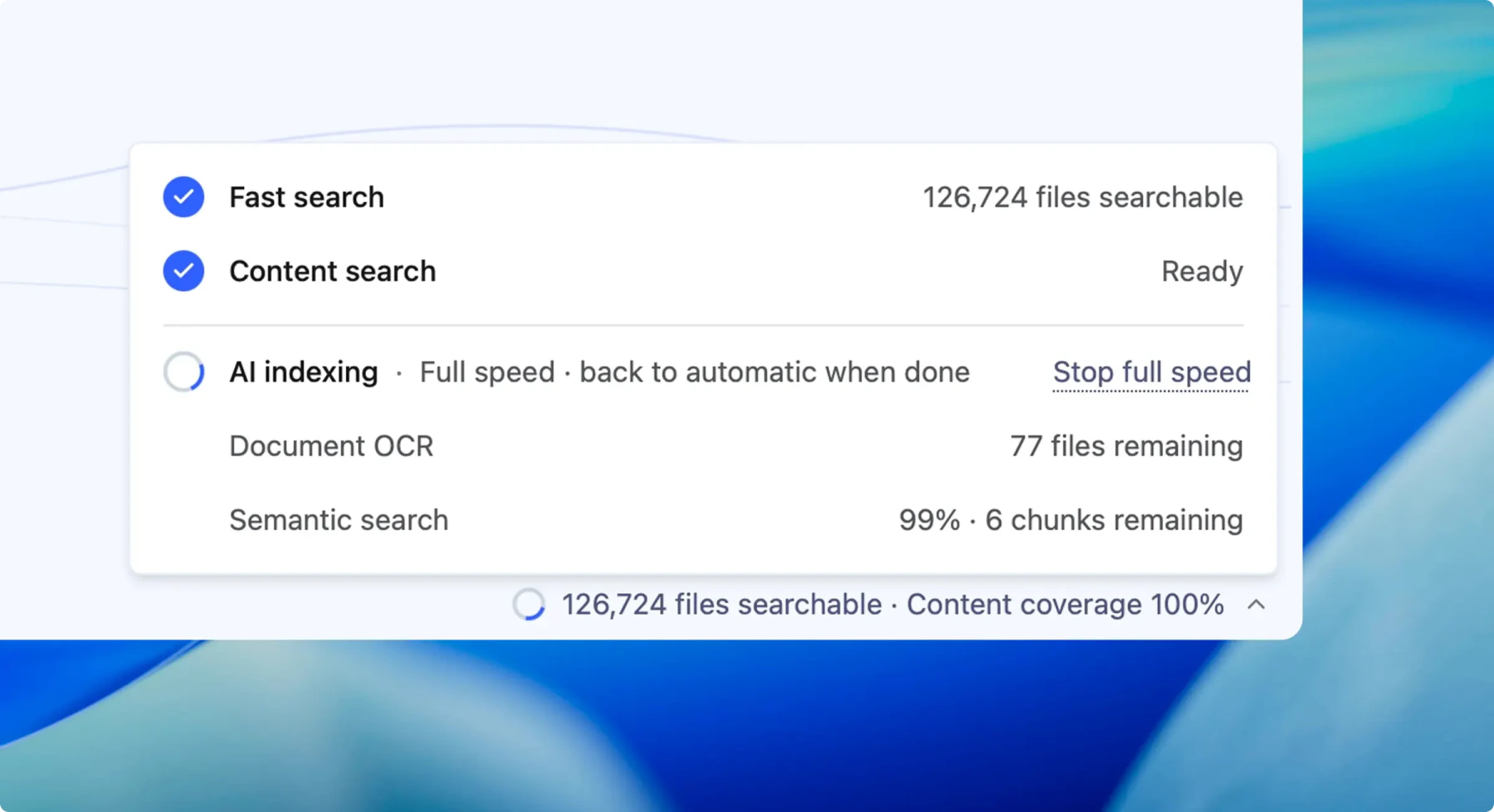 Check file search readiness and AI indexing progress in the status panel