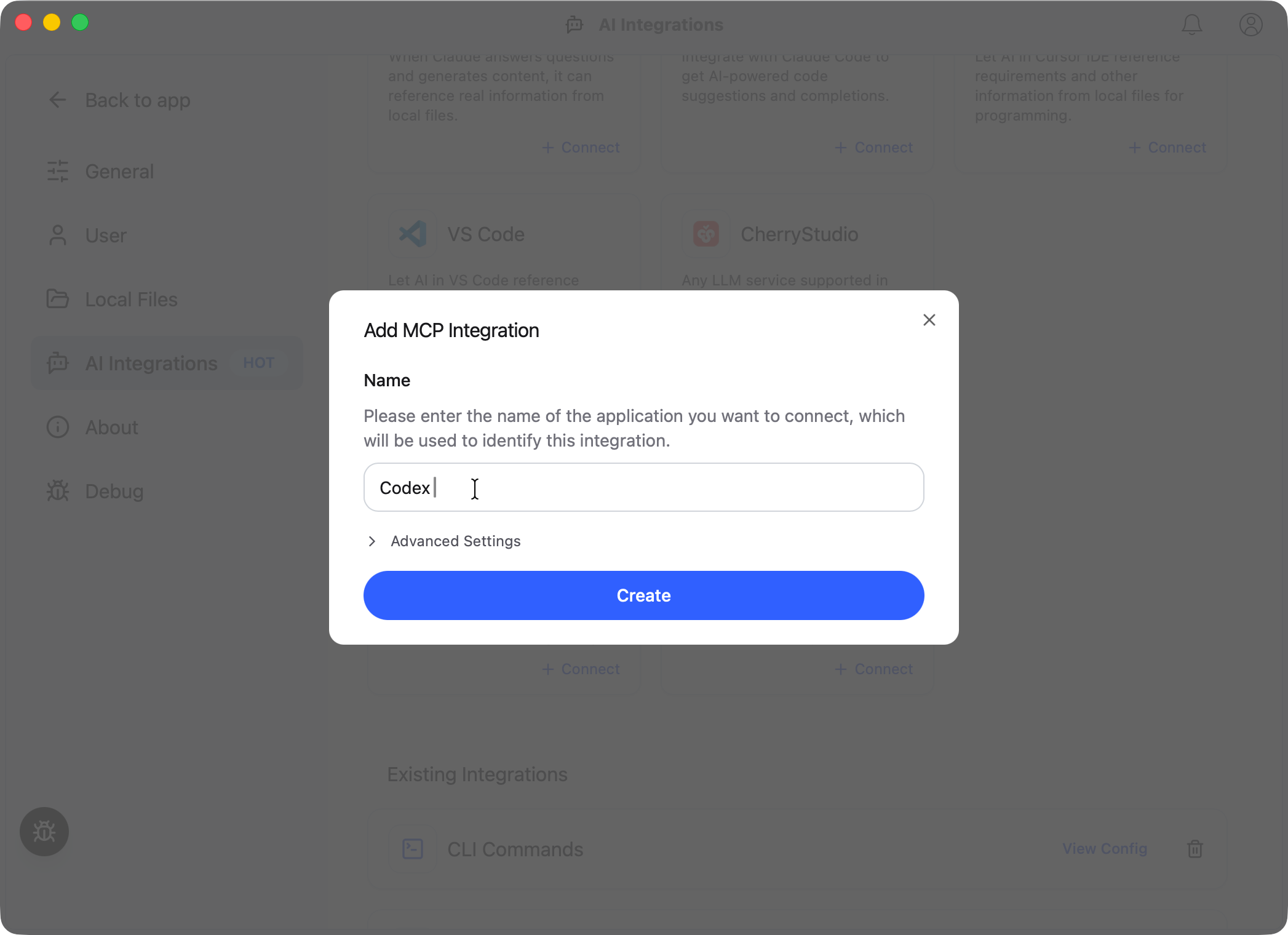 Add MCP Integration dialog with Codex entered as the name