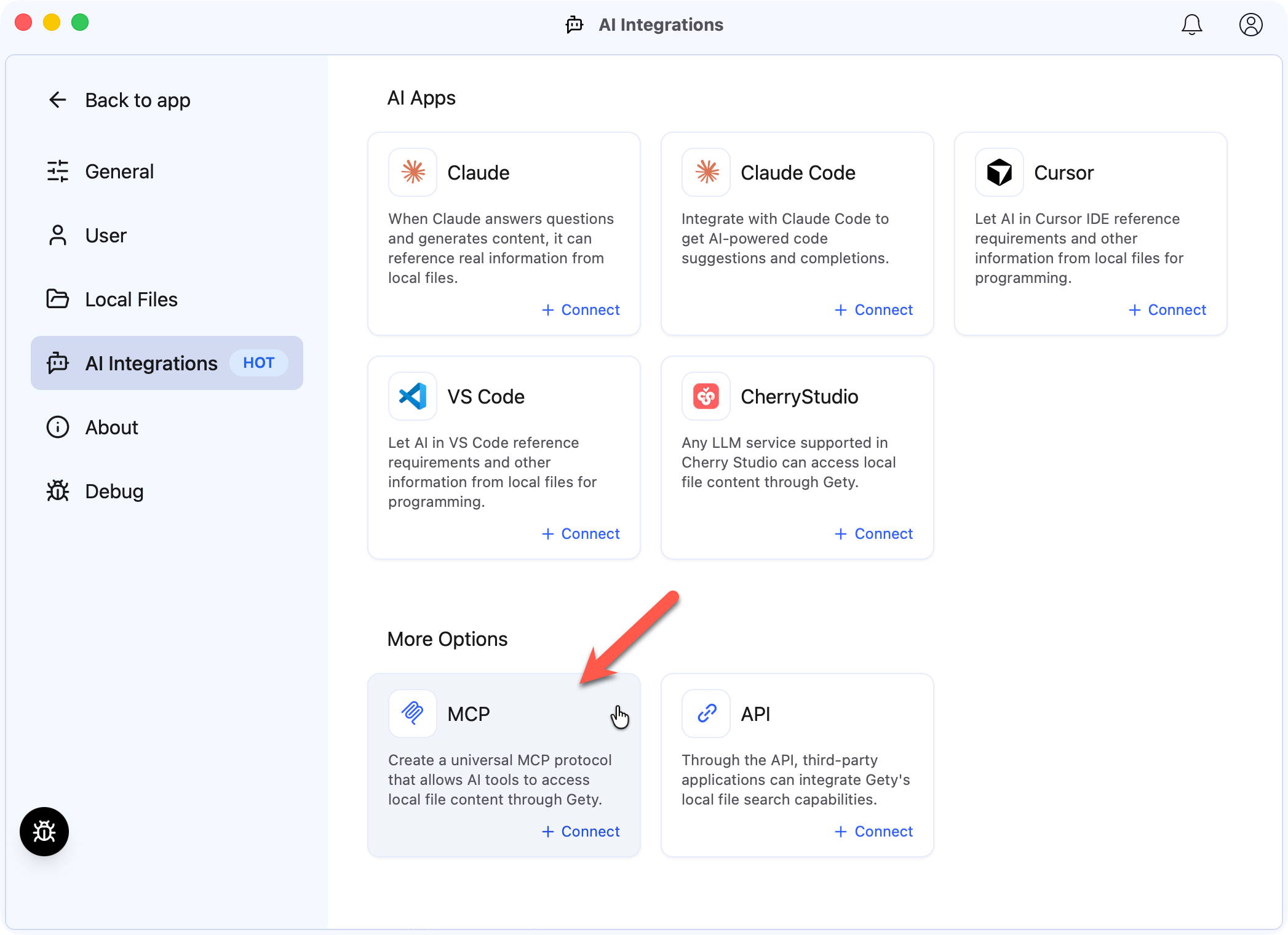 Gety AI Integrations settings page showing the MCP option under More Options