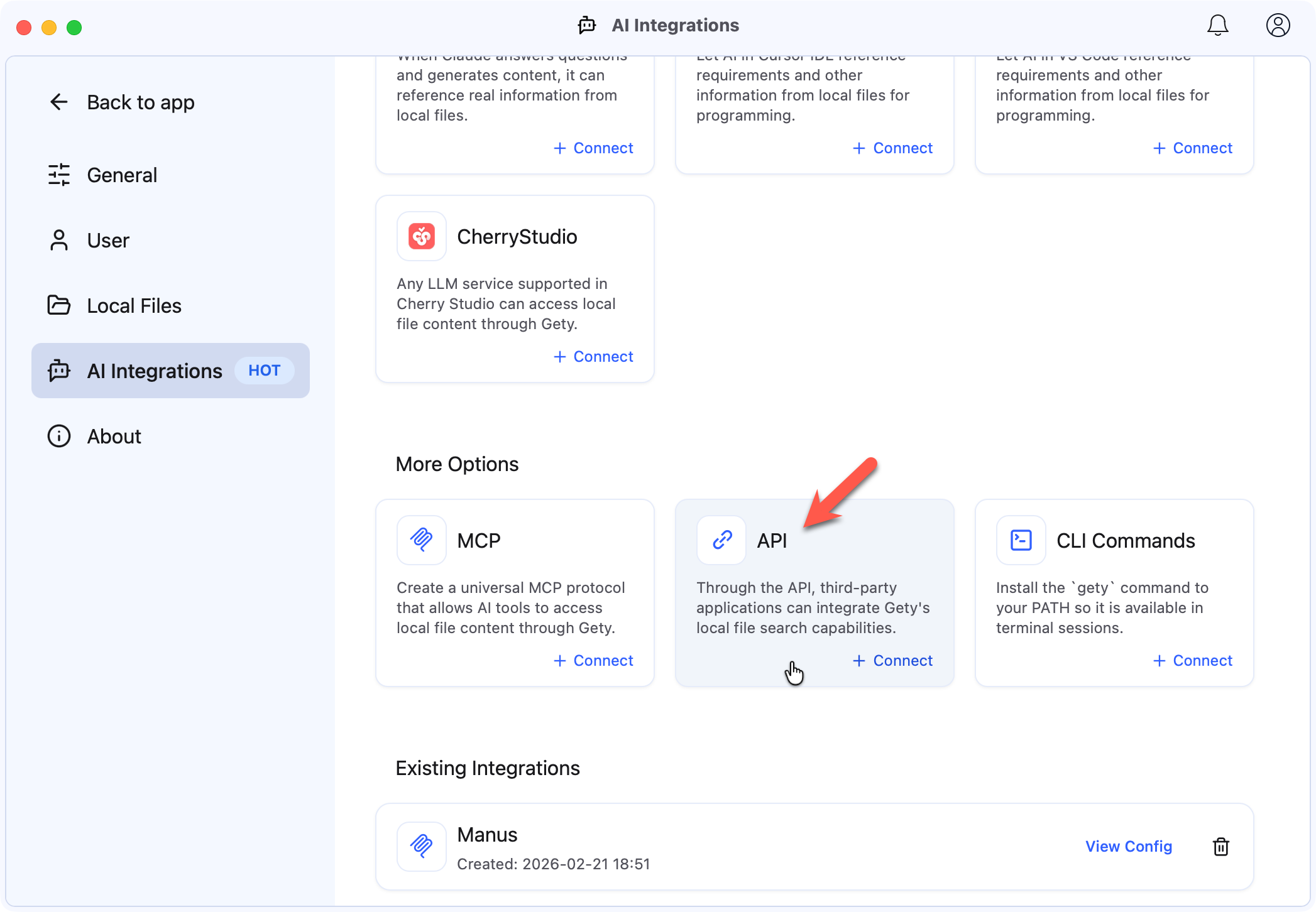 Gety AI Integrations page showing API under More Options