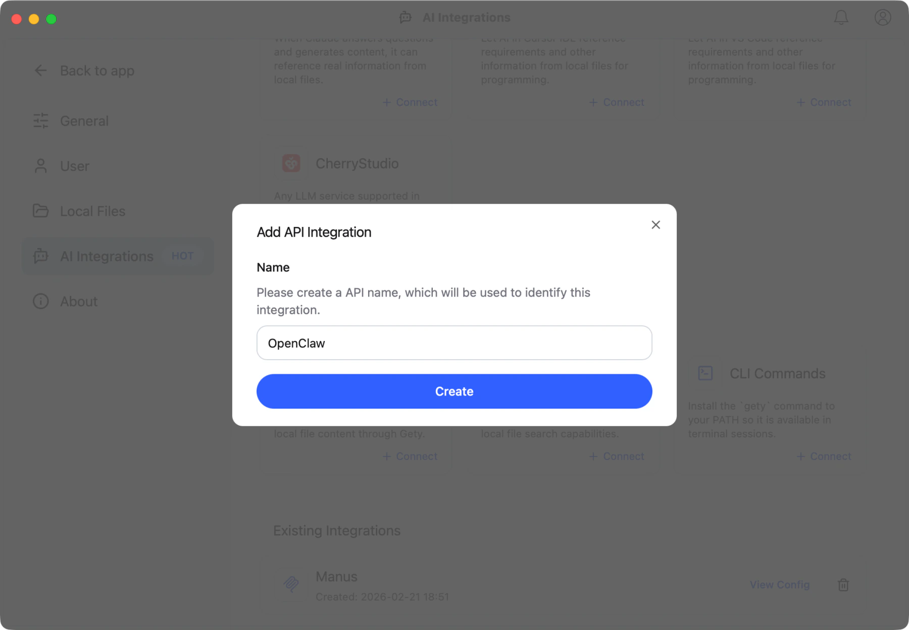Add API Integration dialog with name field