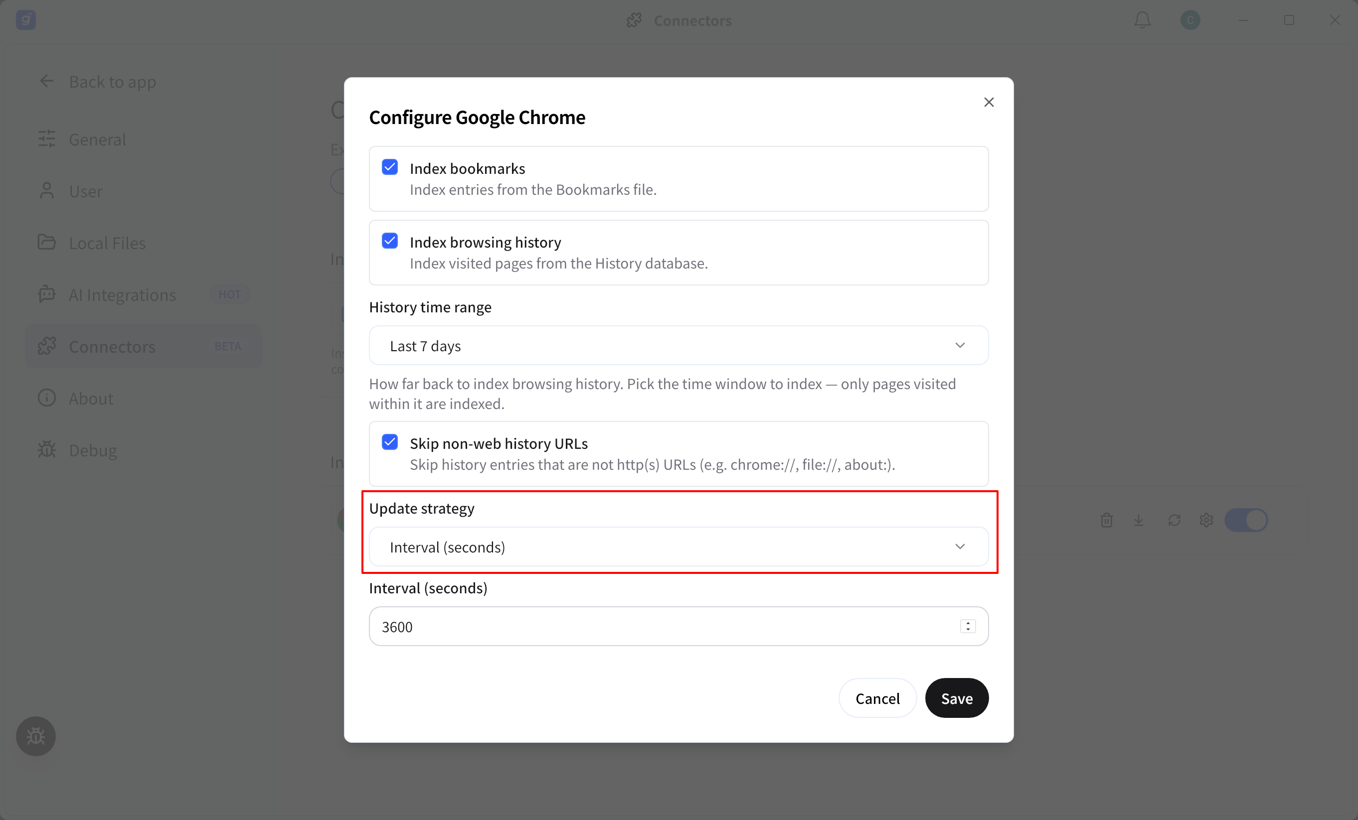 Gety Configure Google Chrome dialog with the Update strategy dropdown highlighted.