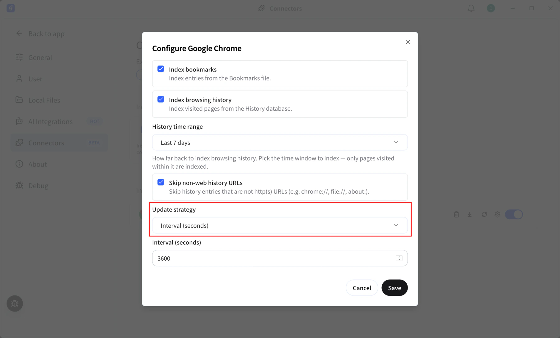 Gety Configure Google Chrome dialog with the Update strategy dropdown highlighted.