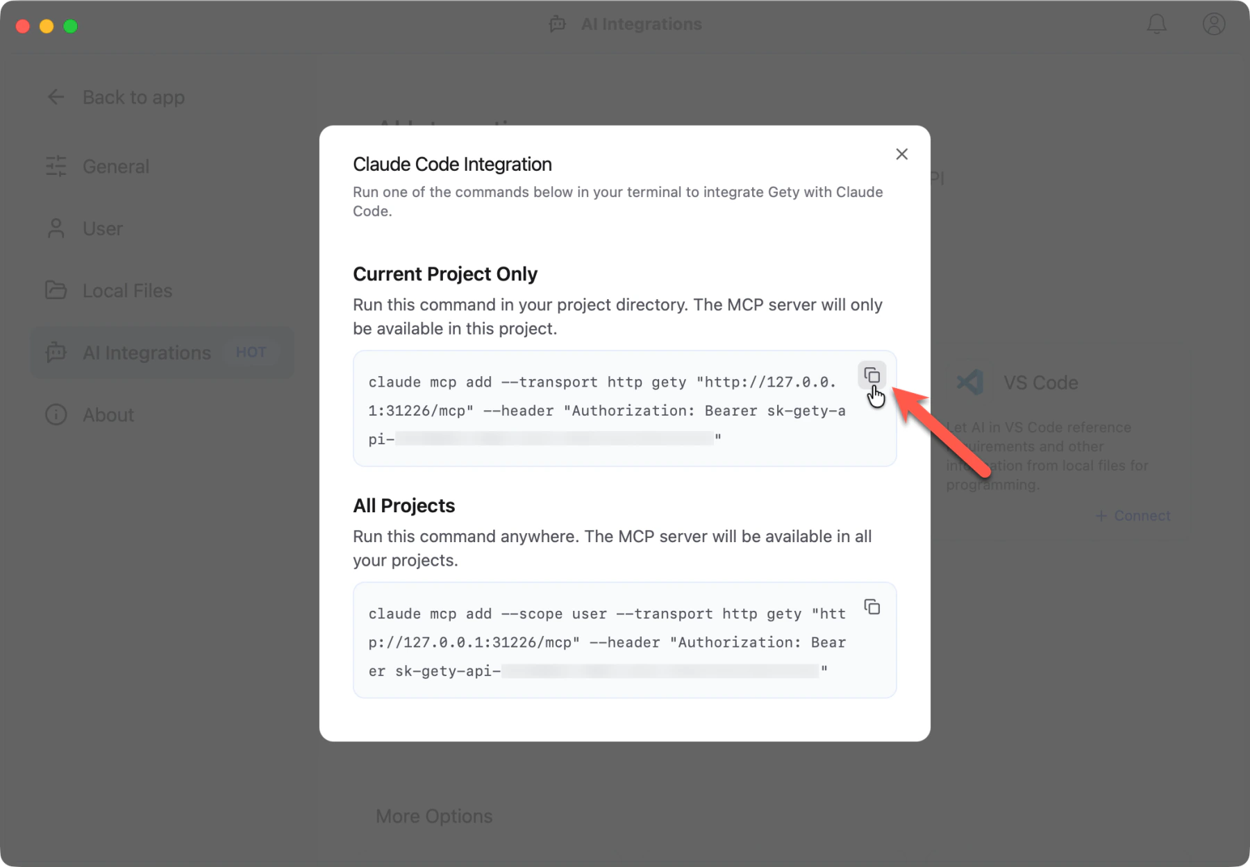 Gety dialog showing Claude Code integration commands for current project and all projects