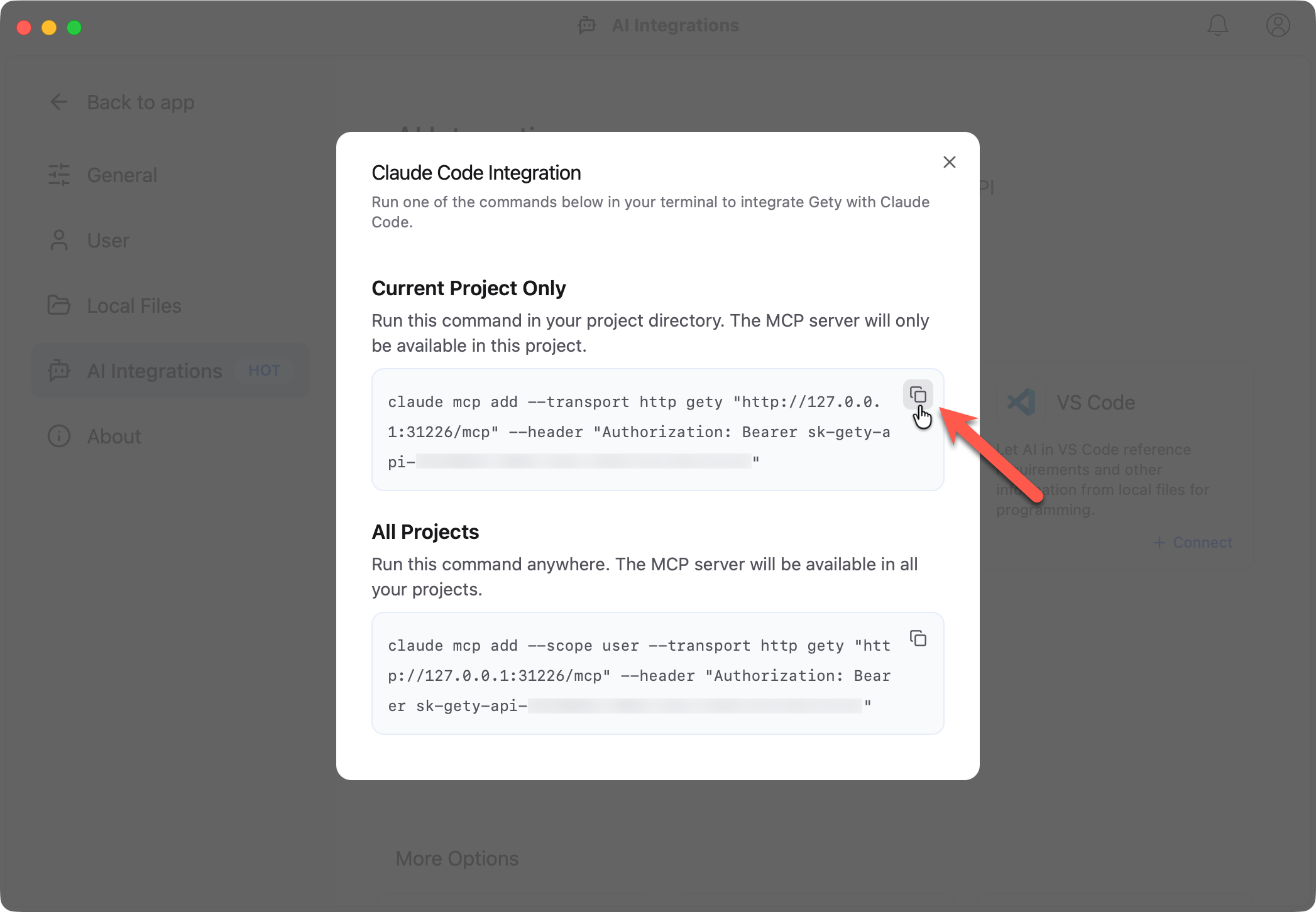 Gety dialog showing Claude Code integration commands for current project and all projects