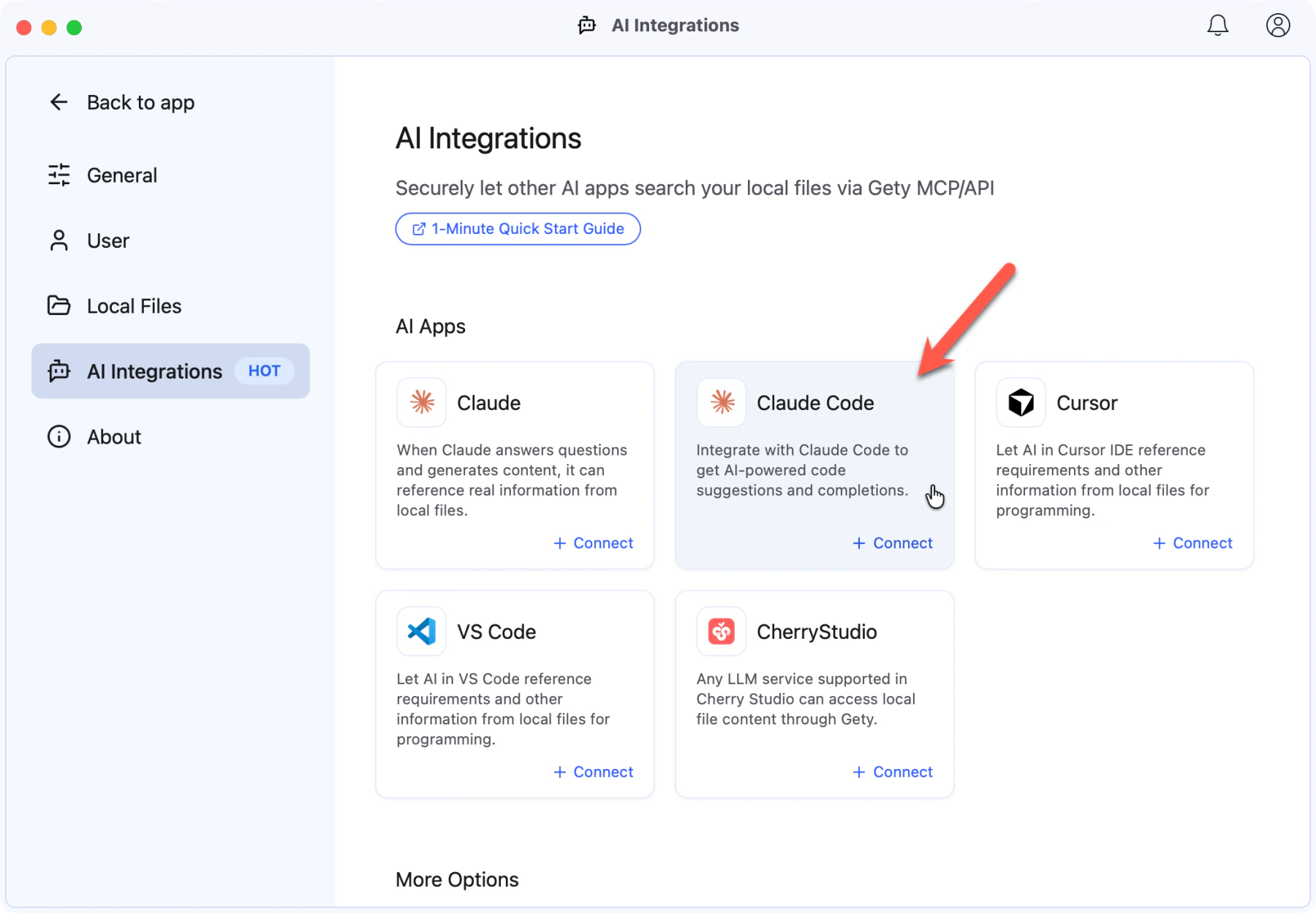 Gety AI Integrations page showing Claude Code under AI Apps