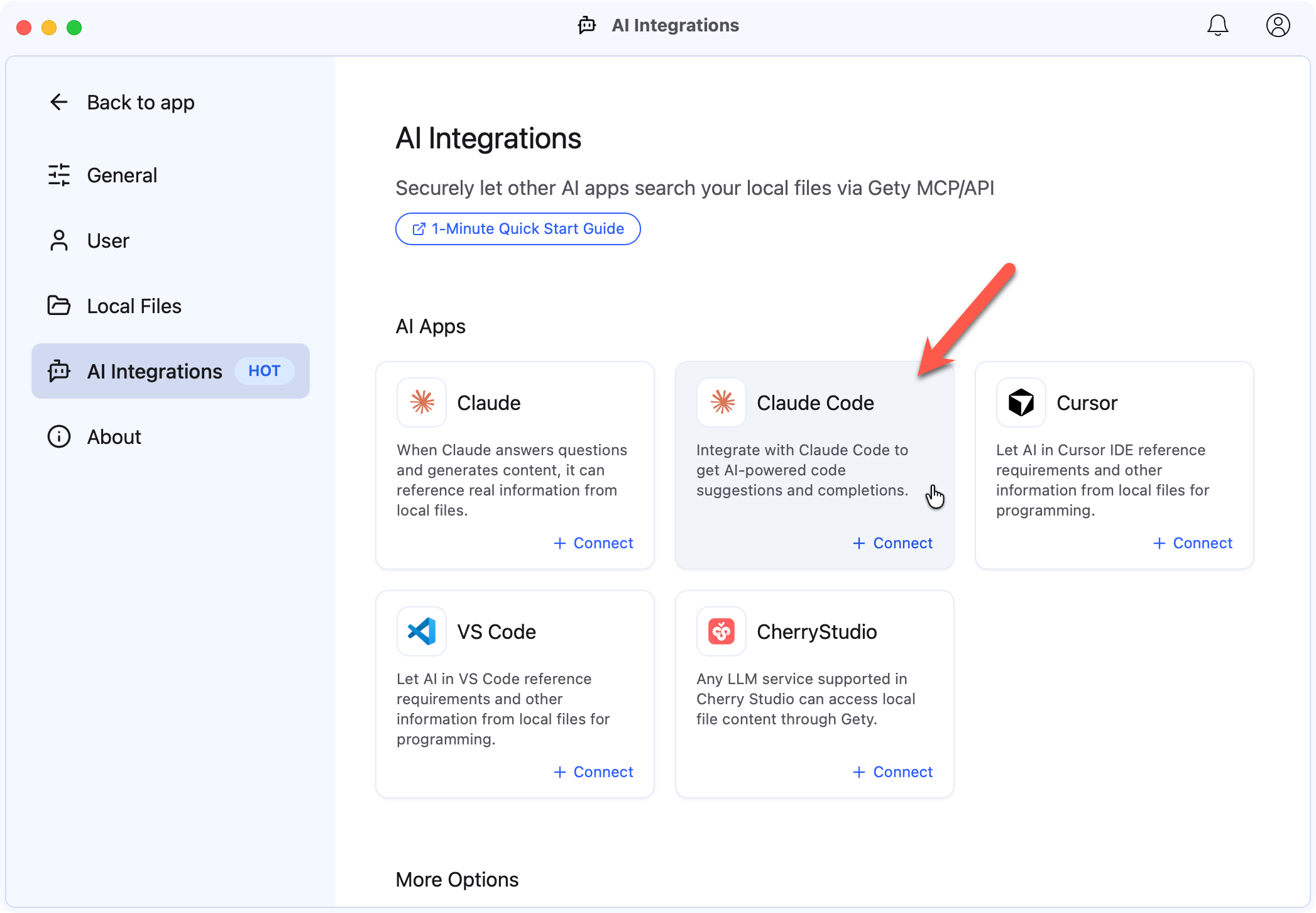 Gety AI Integrations page showing Claude Code under AI Apps