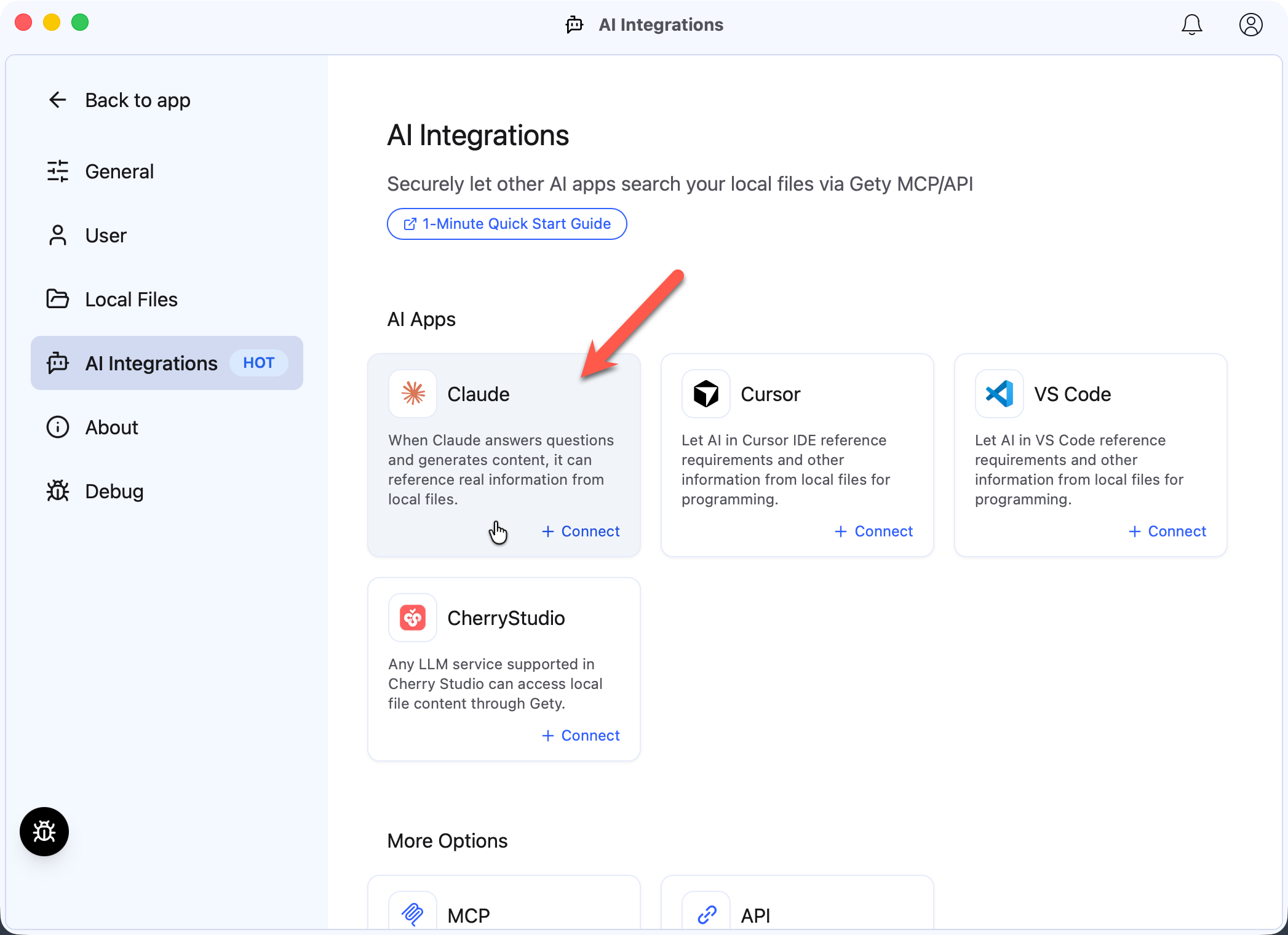 Gety AI Integrations page showing Claude under AI Apps