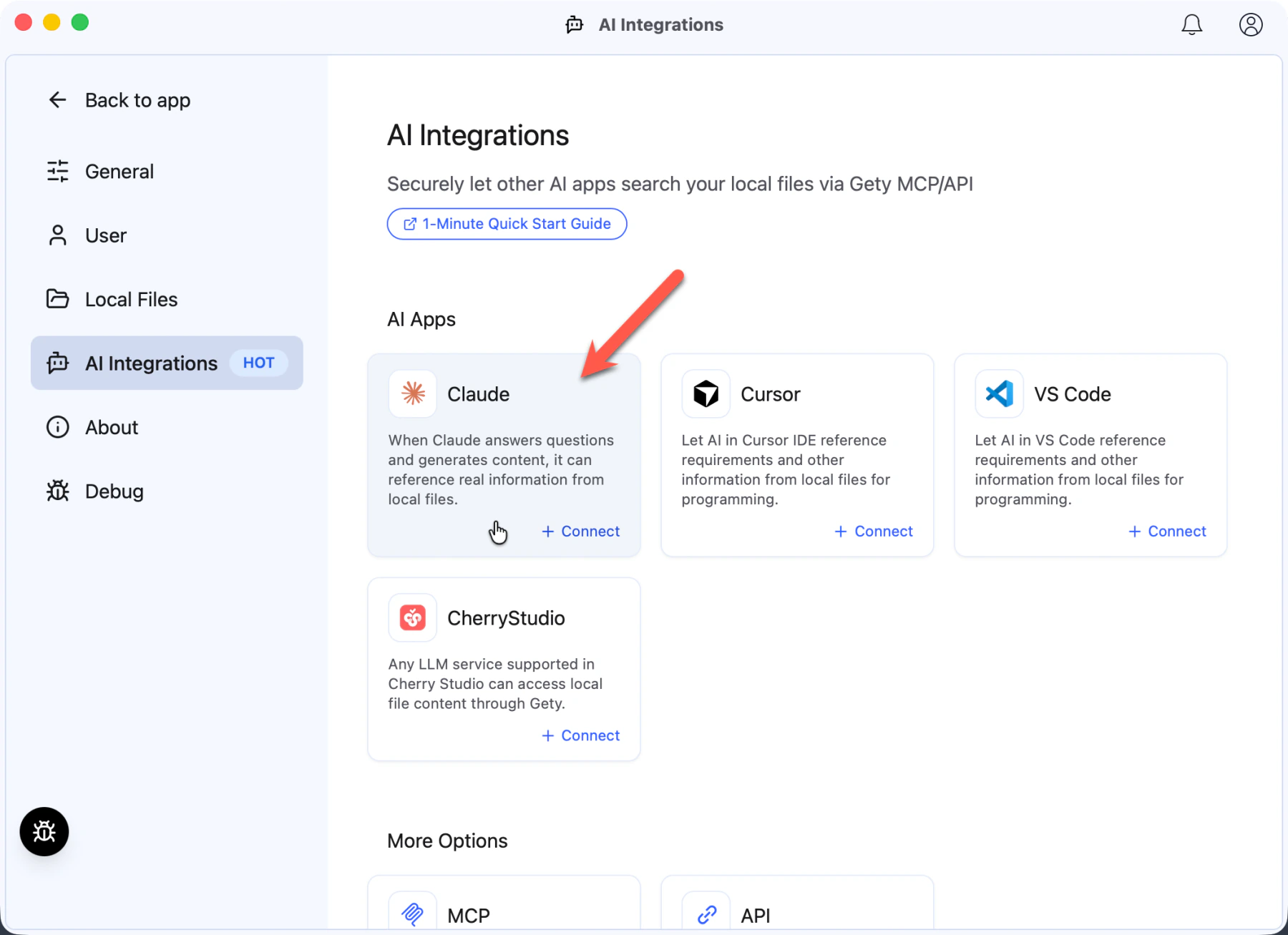 Gety AI Integrations page showing Claude under AI Apps