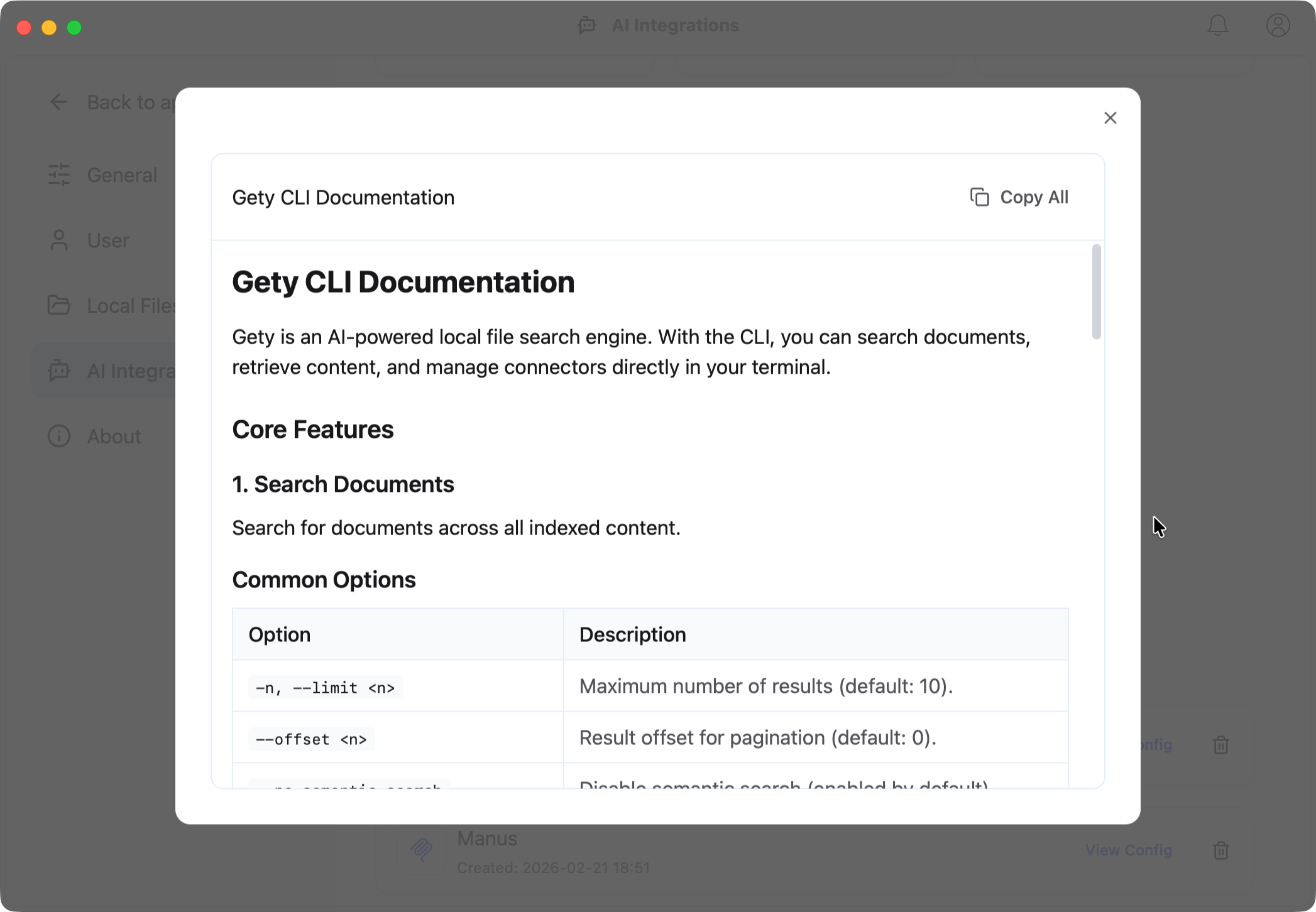Gety CLI Documentation dialog showing commands and options
