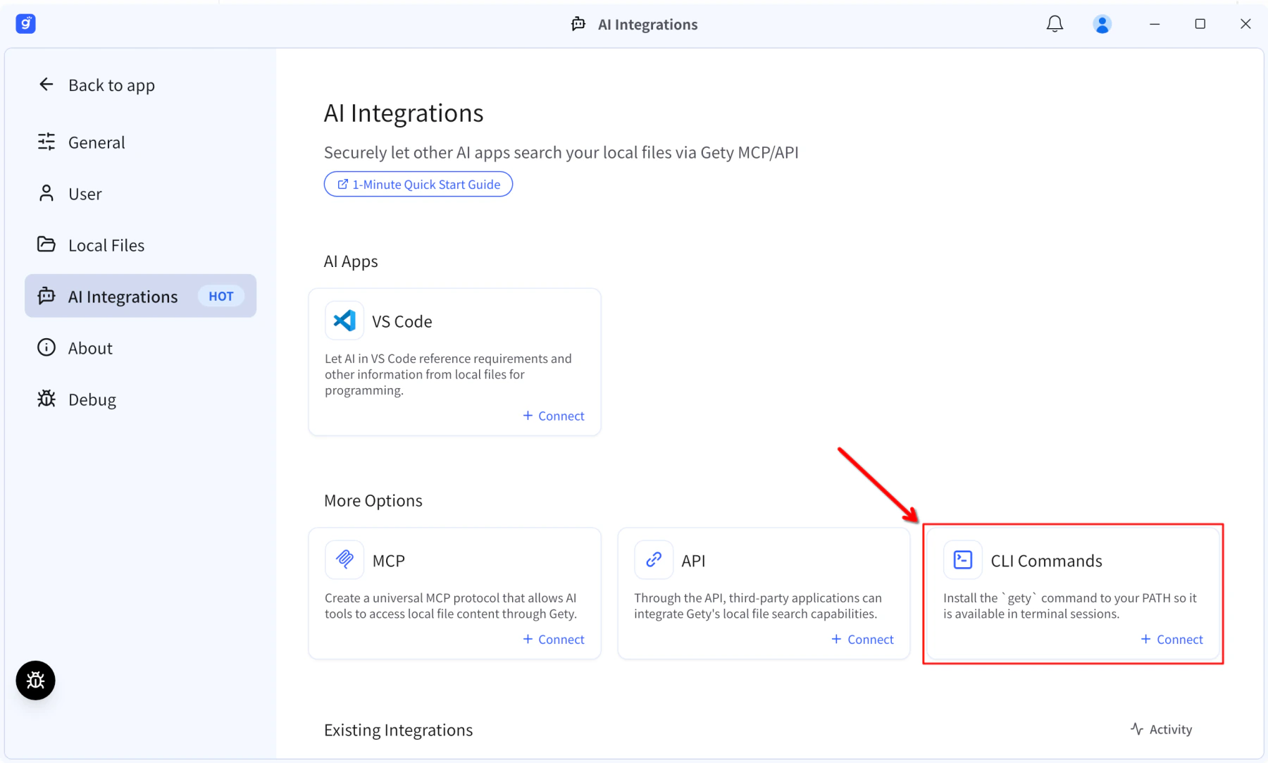 Gety AI Integrations page showing CLI Commands under More Options