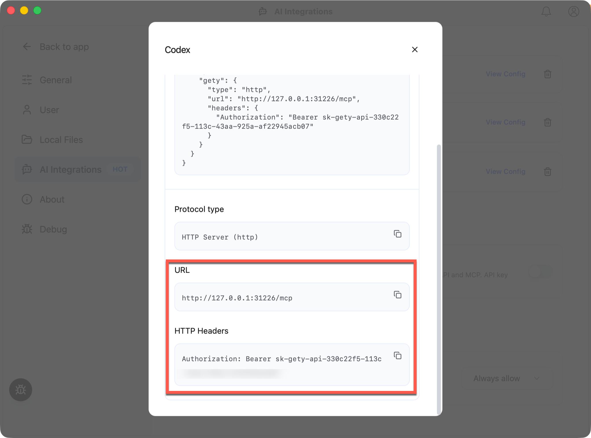 Gety config view for the Codex integration showing the URL and Authorization header highlighted