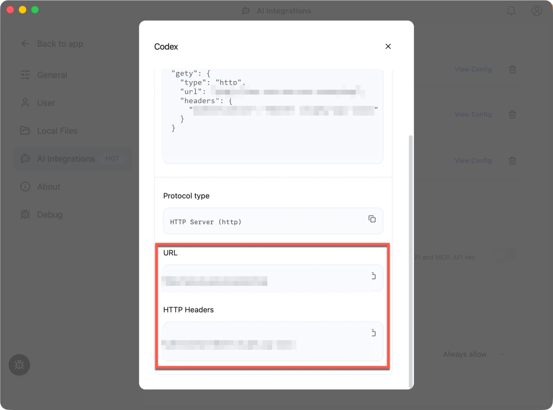 Gety config view for the Codex integration showing the URL and Authorization header highlighted