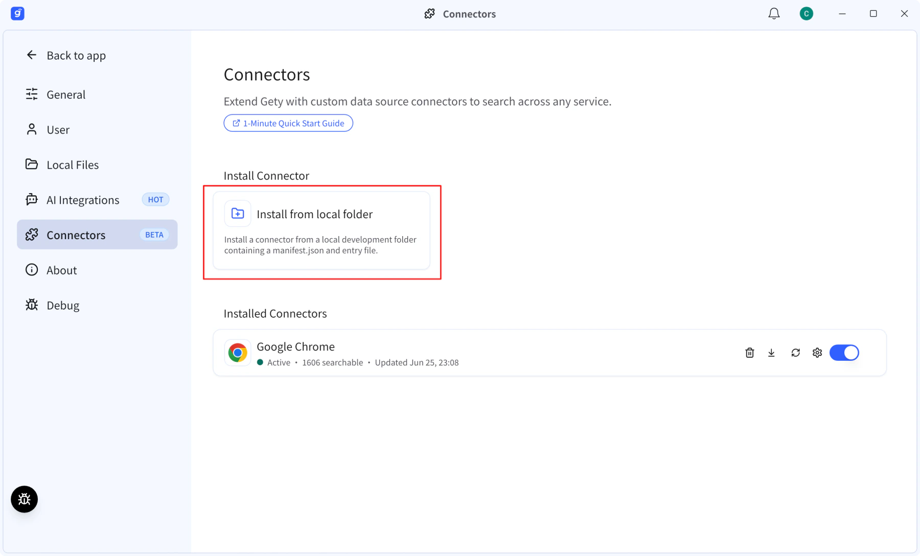 Gety Connectors page highlighting the Install from local folder option.