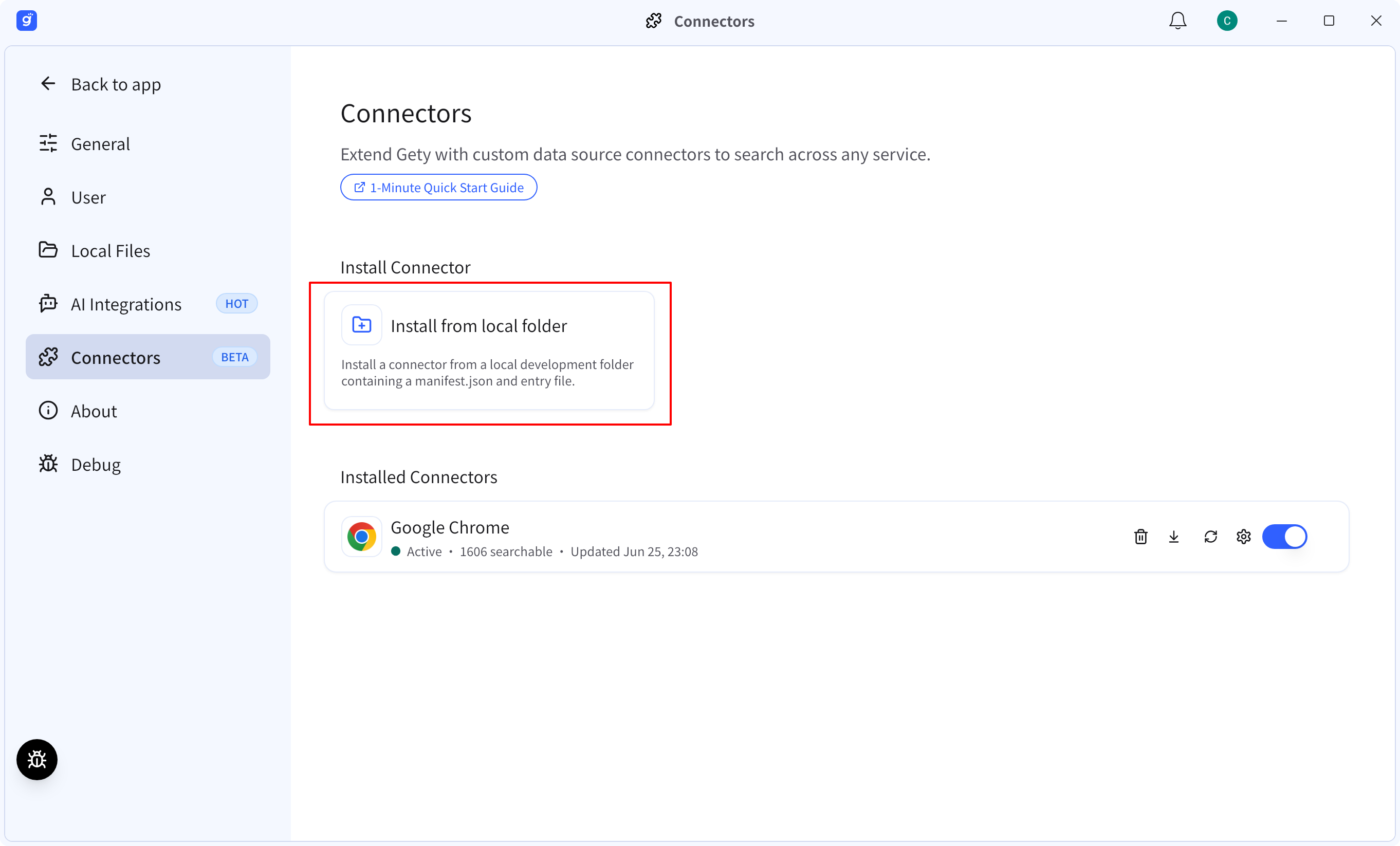 Gety Connectors page highlighting the Install from local folder option.