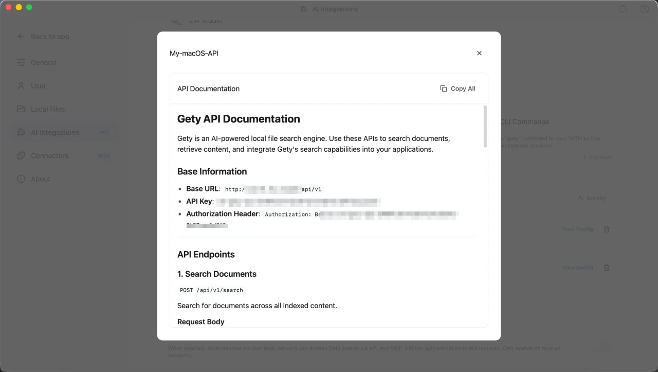API documentation shown in Gety's View Config dialog