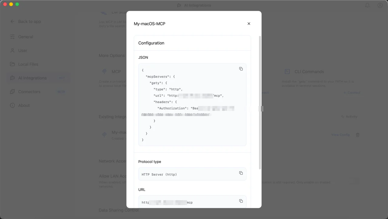 MCP JSON configuration shown in Gety's View Config dialog