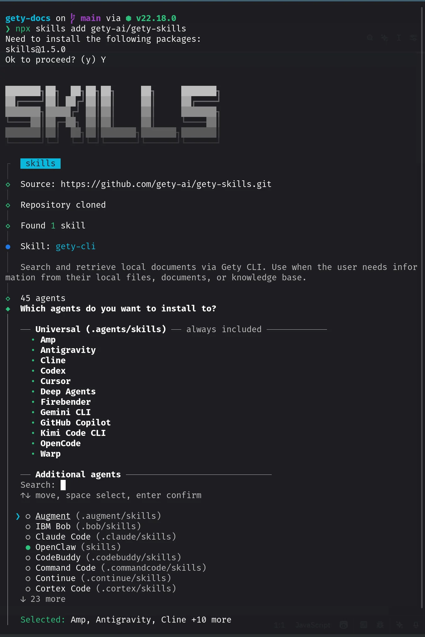 Terminal showing npx skills add gety-ai/gety-skills with skill discovery and agent selection