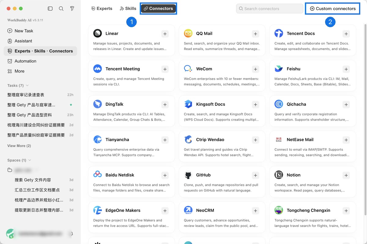 WorkBuddy's Connectors page with the Connectors tab and Custom connectors button highlighted