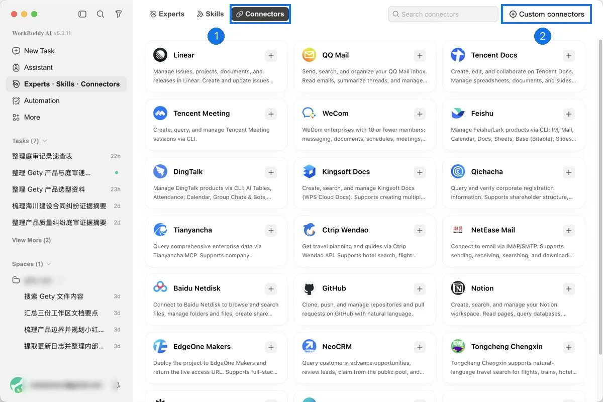 WorkBuddy's Connectors page with the Connectors tab and Custom connectors button highlighted