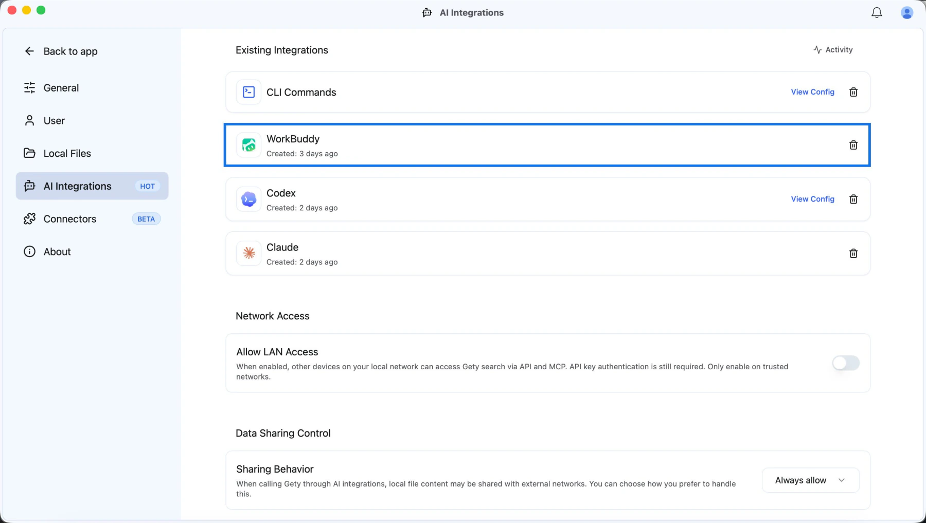 Gety's AI Integrations settings with the WorkBuddy integration highlighted
