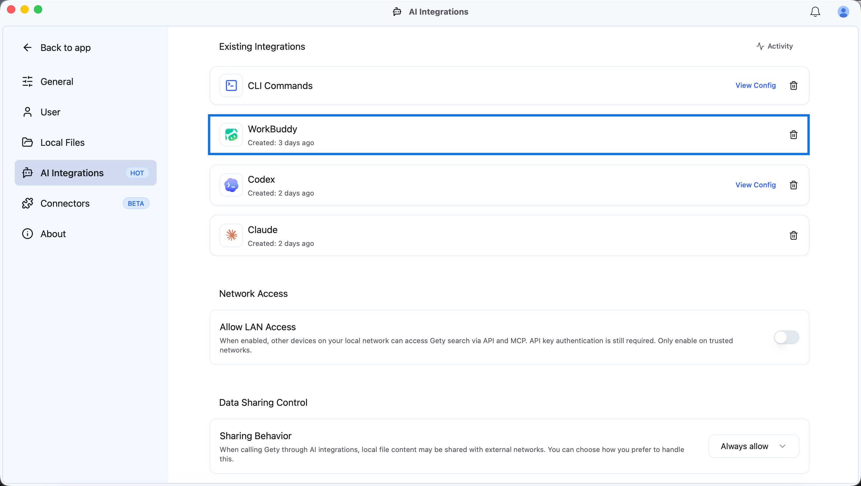 Gety's AI Integrations settings with the WorkBuddy integration highlighted