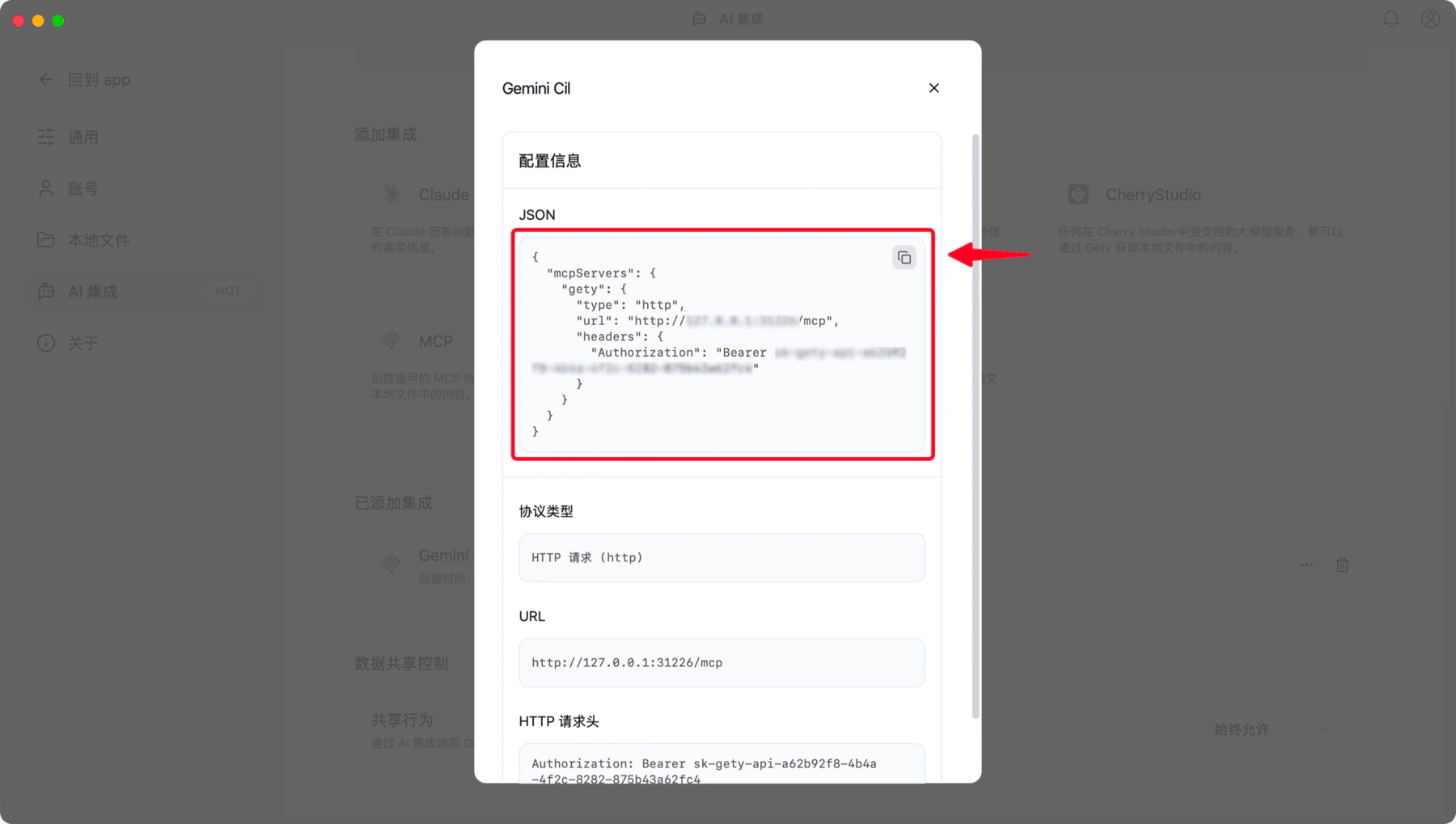 查看配置对话框，显示 JSON 配置和复制按钮