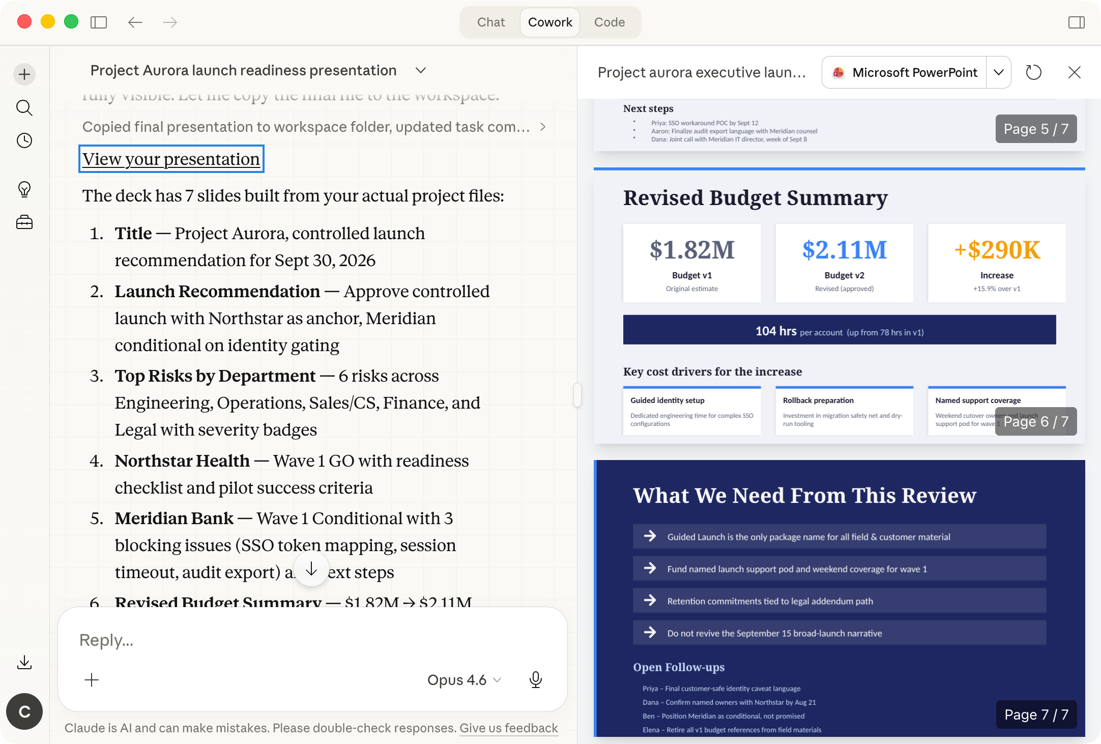 Claude Cowork 创建包含预算数据和行动项的 7 页发布 评审演示文稿