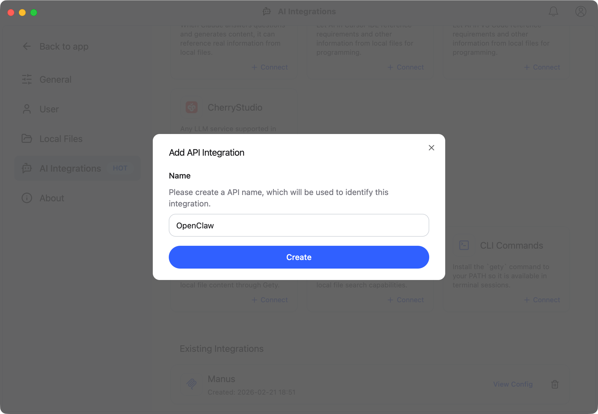 添加 API Integration 对话框，包含名称输入框