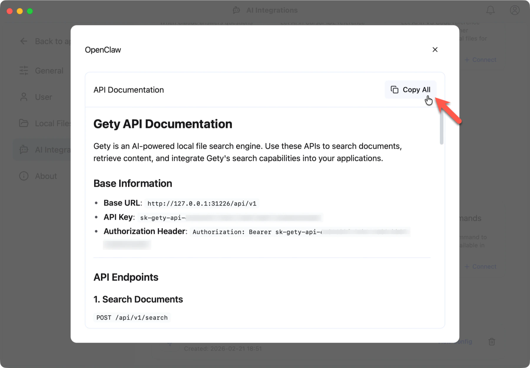 API 文档对话框，显示 Base URL、API Key 和端点信息