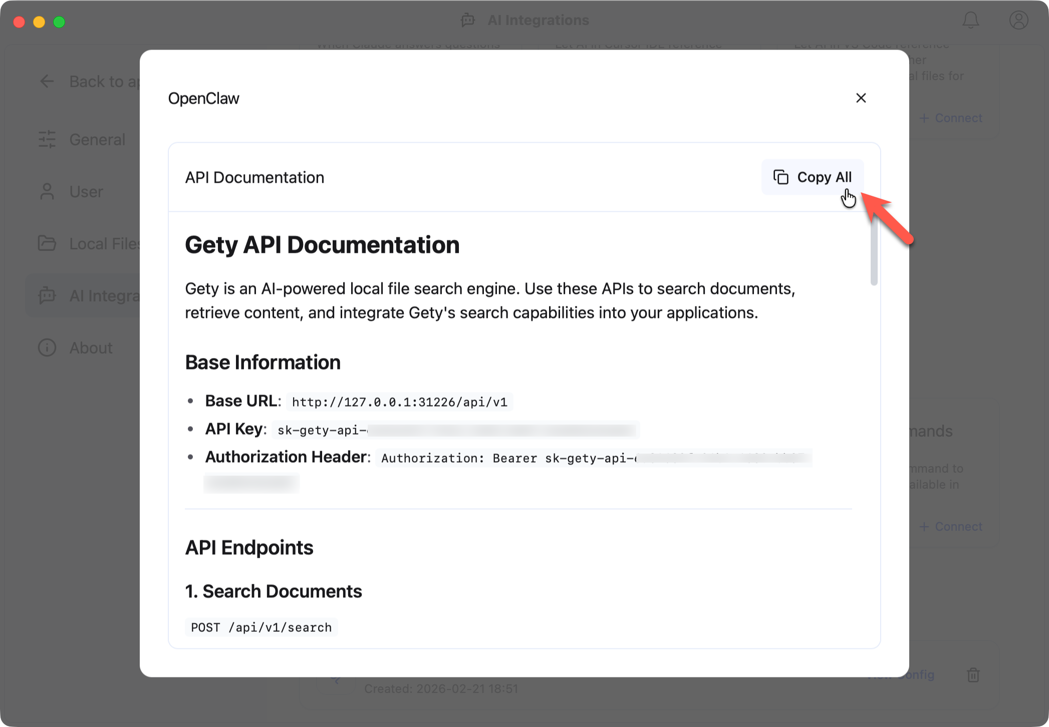 API 文档对话框，显示 Base URL、API Key 和端点信息