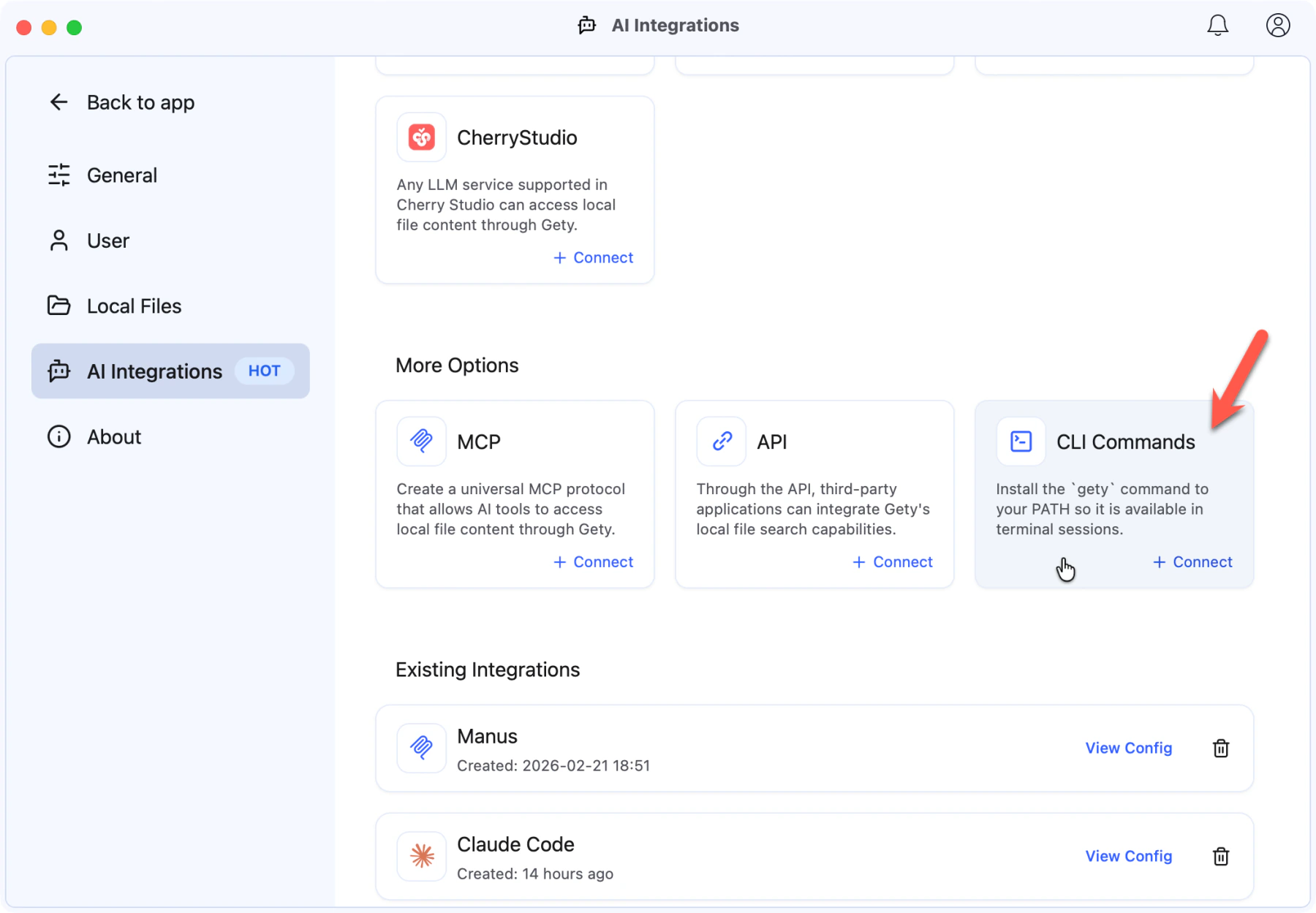 Gety AI 集成 页面，显示 更多方式 下的 CLI 命令