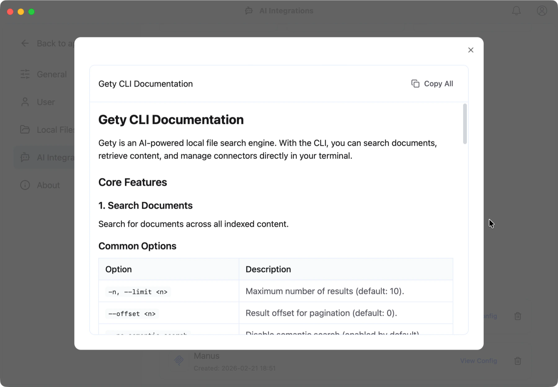 Gety CLI 文档对话框，显示命令和选项