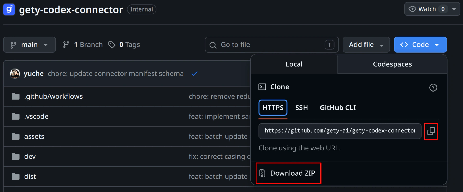 GitHub 仓库页面，已展开 Code 菜单，并高亮显示 Download ZIP 选项。
