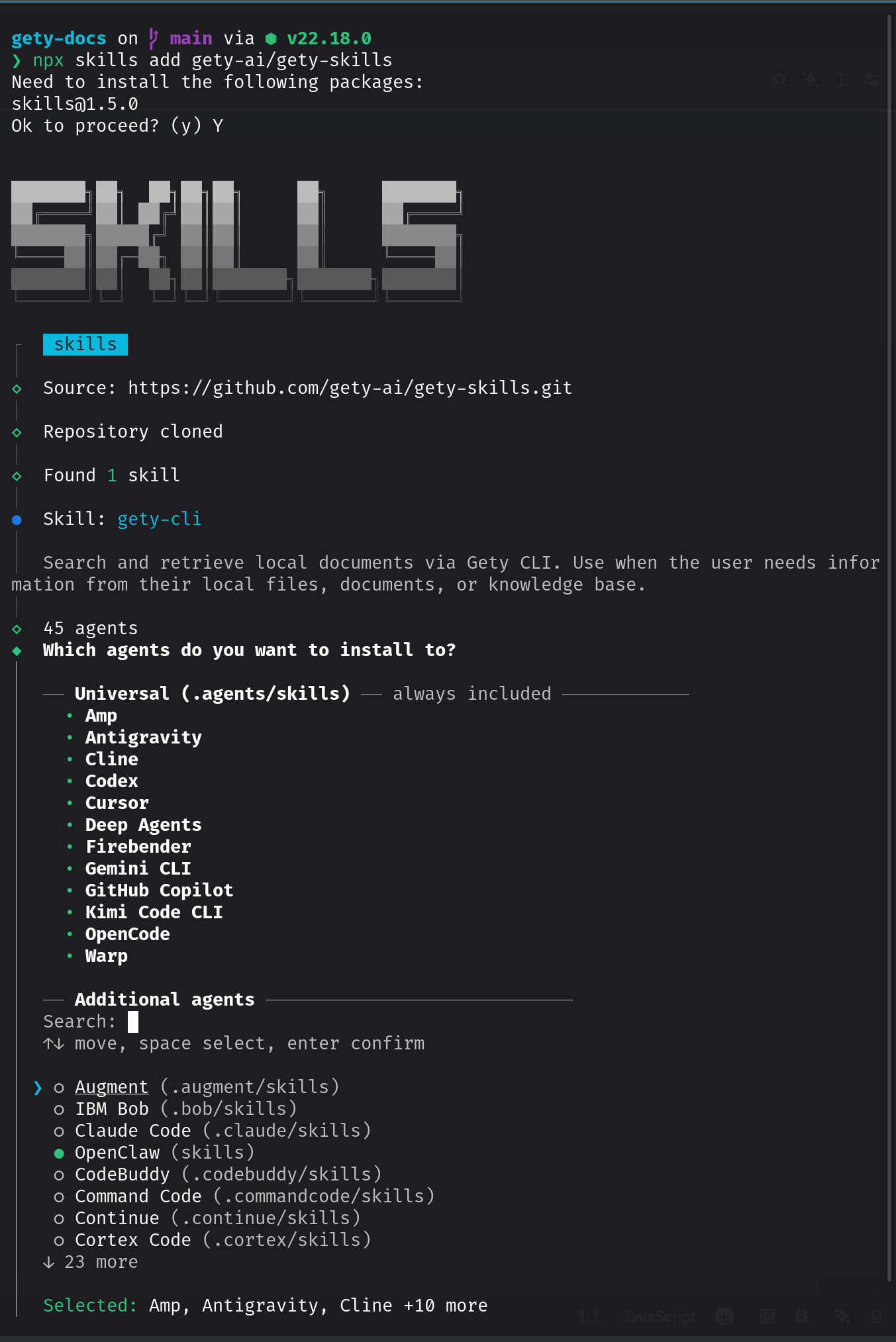 终端运行 npx skills add gety-ai/gety-skills，显示 skill 发现和 agent 选择界面